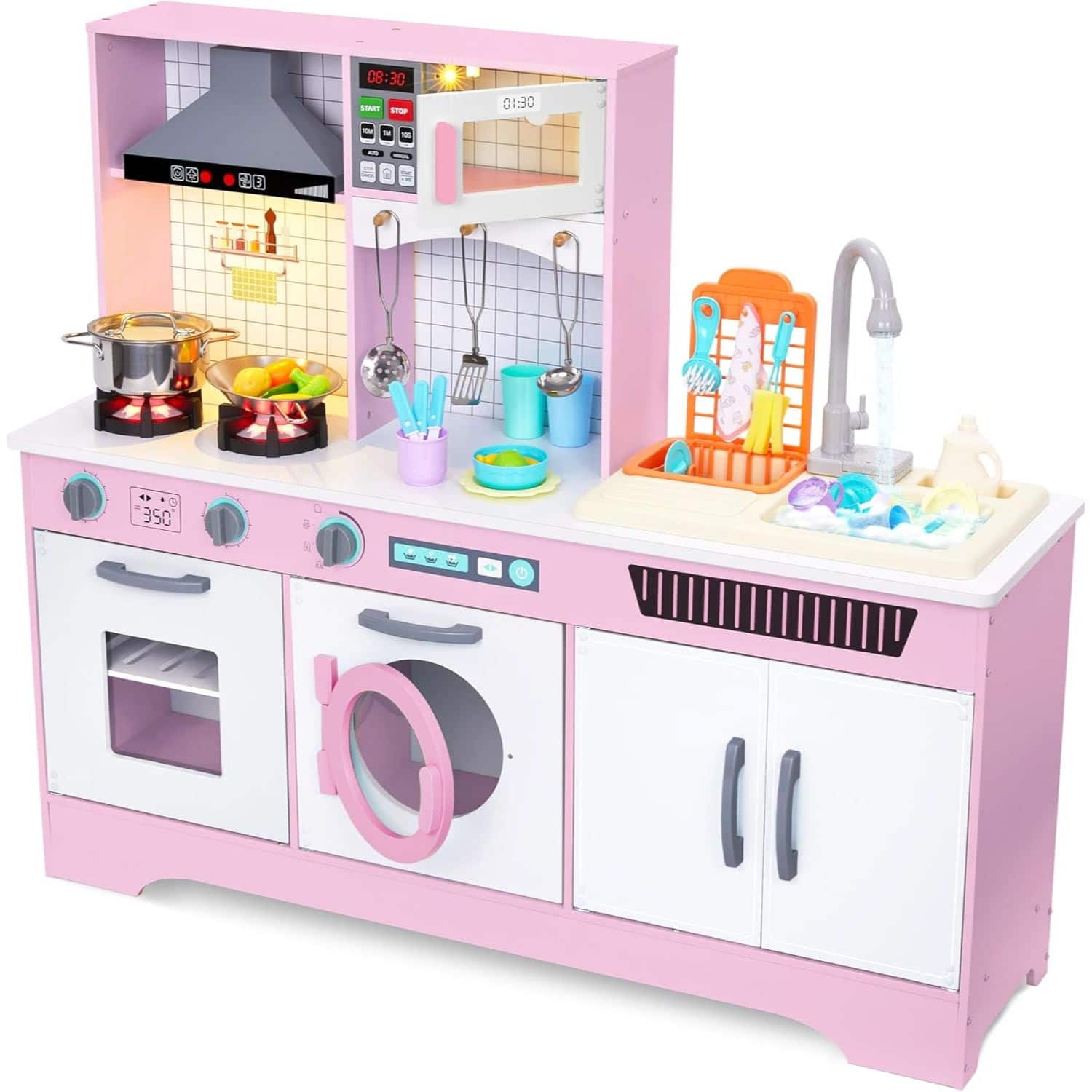 Lil' Jumbl - Kids Kitchen Set, Wooden Pretend Play Kitchen with Sounds, Accessories and Running Water - Pink