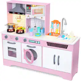Lil' Jumbl - Kids Kitchen Set, Wooden Pretend Play Kitchen with Sounds, Accessories and Running Water - Pink