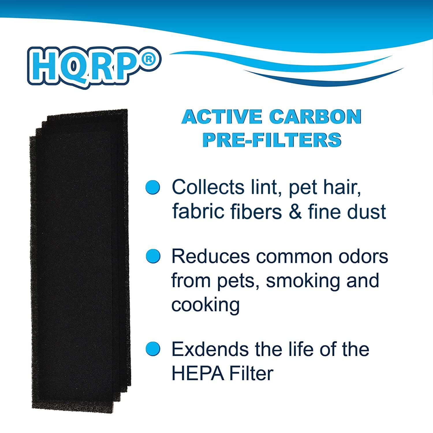 HQRP ACTIVE CARBON PRE-FILTERS  
- Collects lint, pet hair, fabric fibers & fine dust  
- Reduces common odors from pets, smoking and cooking  
- Extends the life of the HEPA Filter