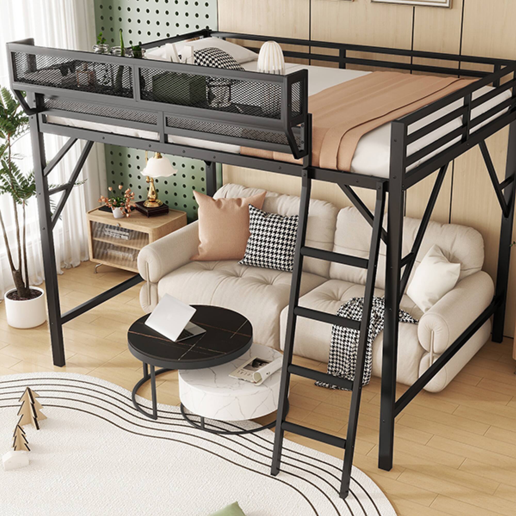 Alt View 2. GOODSILO - Full Size Metal Loft Bed with Storage Shelves and Ladder for Kids and Teens - Black.