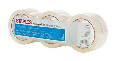 STAPLES Heavy-duty Shipping Tape  
Holds strong • Tear resistant  
1.88 IN x 54.6 YDS EACH (163 YDS TOTAL)  
48 mm x 50 m EACH (150 m TOTAL)  
3 ROLLS  
100%