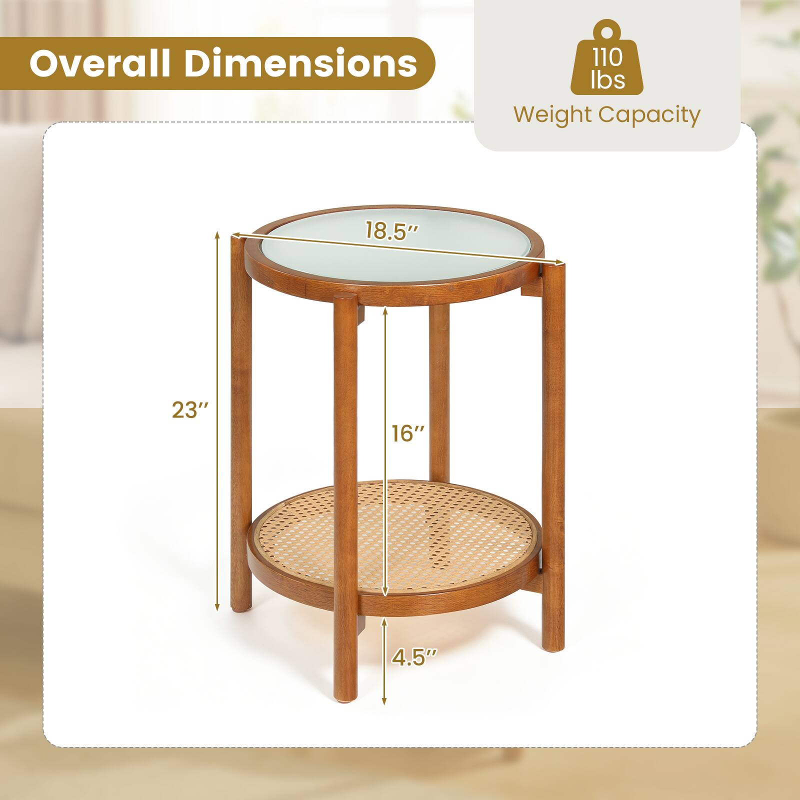 Overall Dimensions: 18.5" x 23" x 16" x 4.5"  
Weight Capacity: 110 lbs