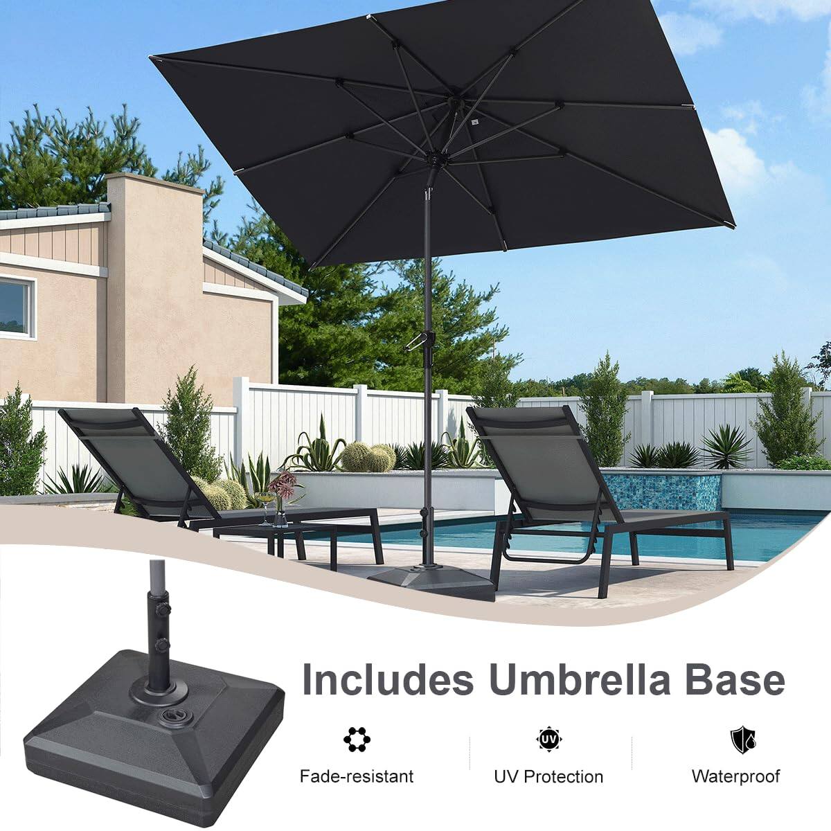 Includes Umbrella Base  
- Fade-resistant  
- UV Protection  
- Waterproof