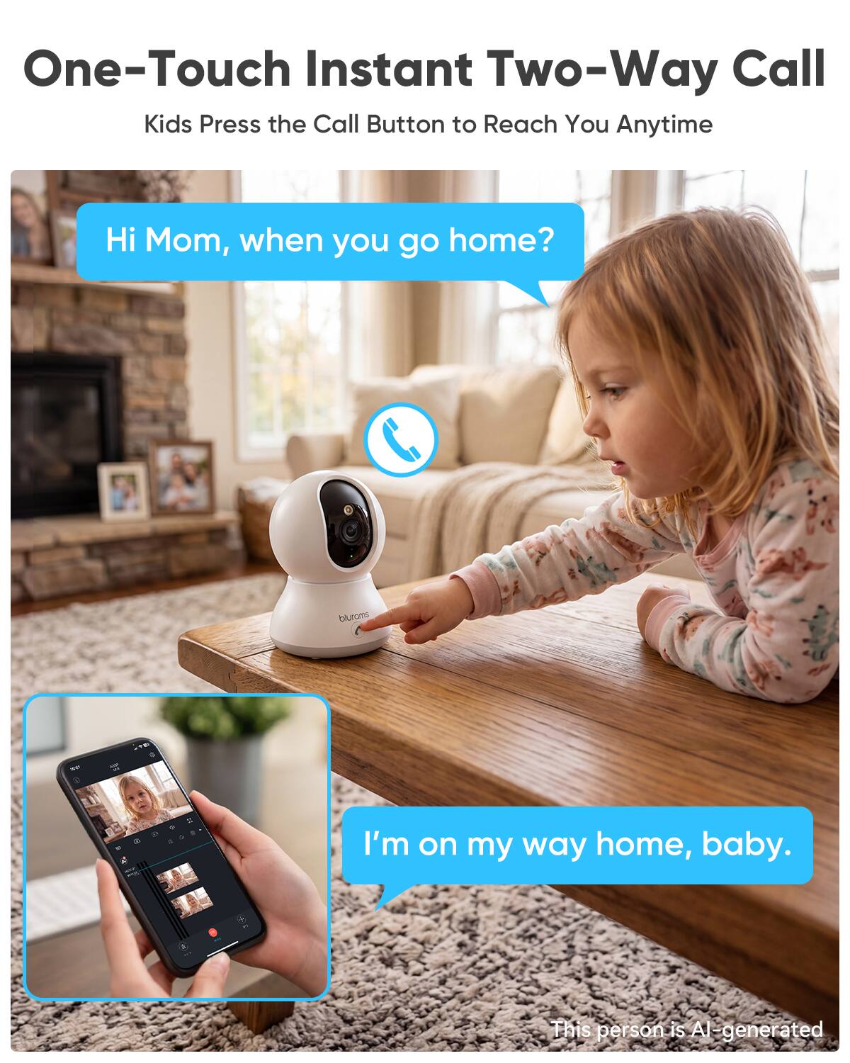 One-Touch Instant Two-Way Call  
Kids Press the Call Button to Reach You Anytime  

Hi Mom, when you go home?  

I'm on my way home, baby.  

This person is AI-generated