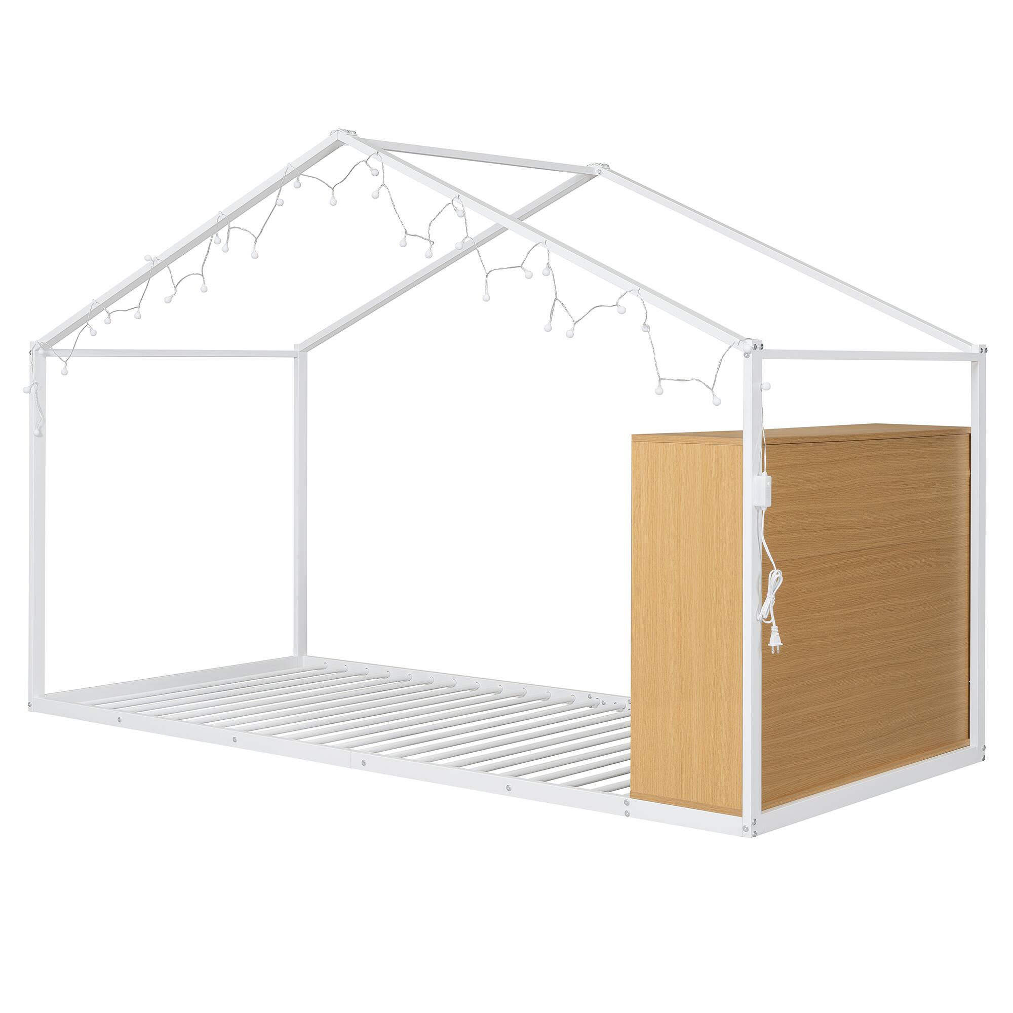 Alt View 4. GOODSILO - Twin Size Metal Bed House Bed Frame with Shelves and Lights - White.