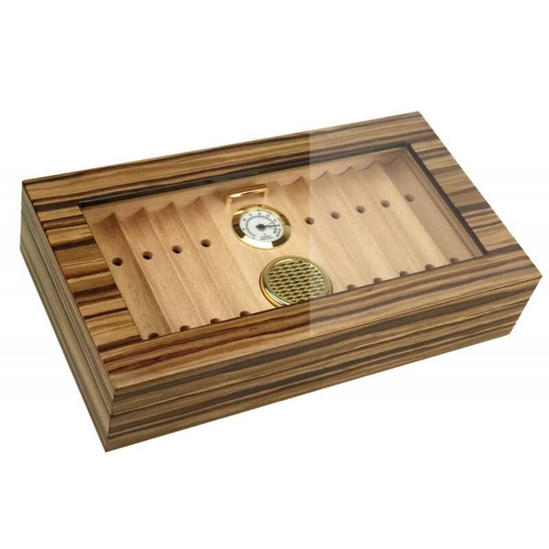 Angle. Prestige - Braydon Glass Top Humidor - African Obeche Techwood high lacquer finish.