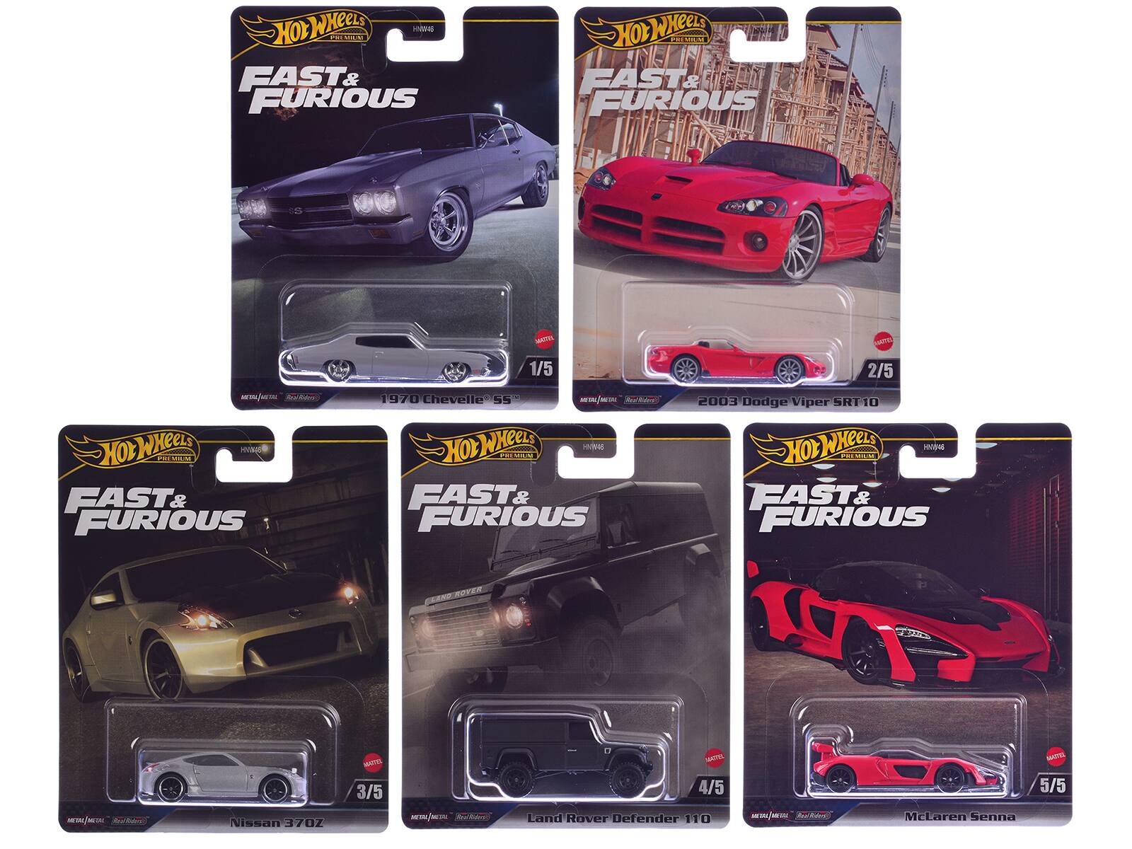 Hot Wheels  
Premium  
Fast & Furious  

1/5  
1970 Chevelle SS  

2/5  
2003 Dodge Viper SRT 10  

3/5  
Nissan 370Z  

4/5  
Land Rover Defender 110  

5/5  
McLaren Senna