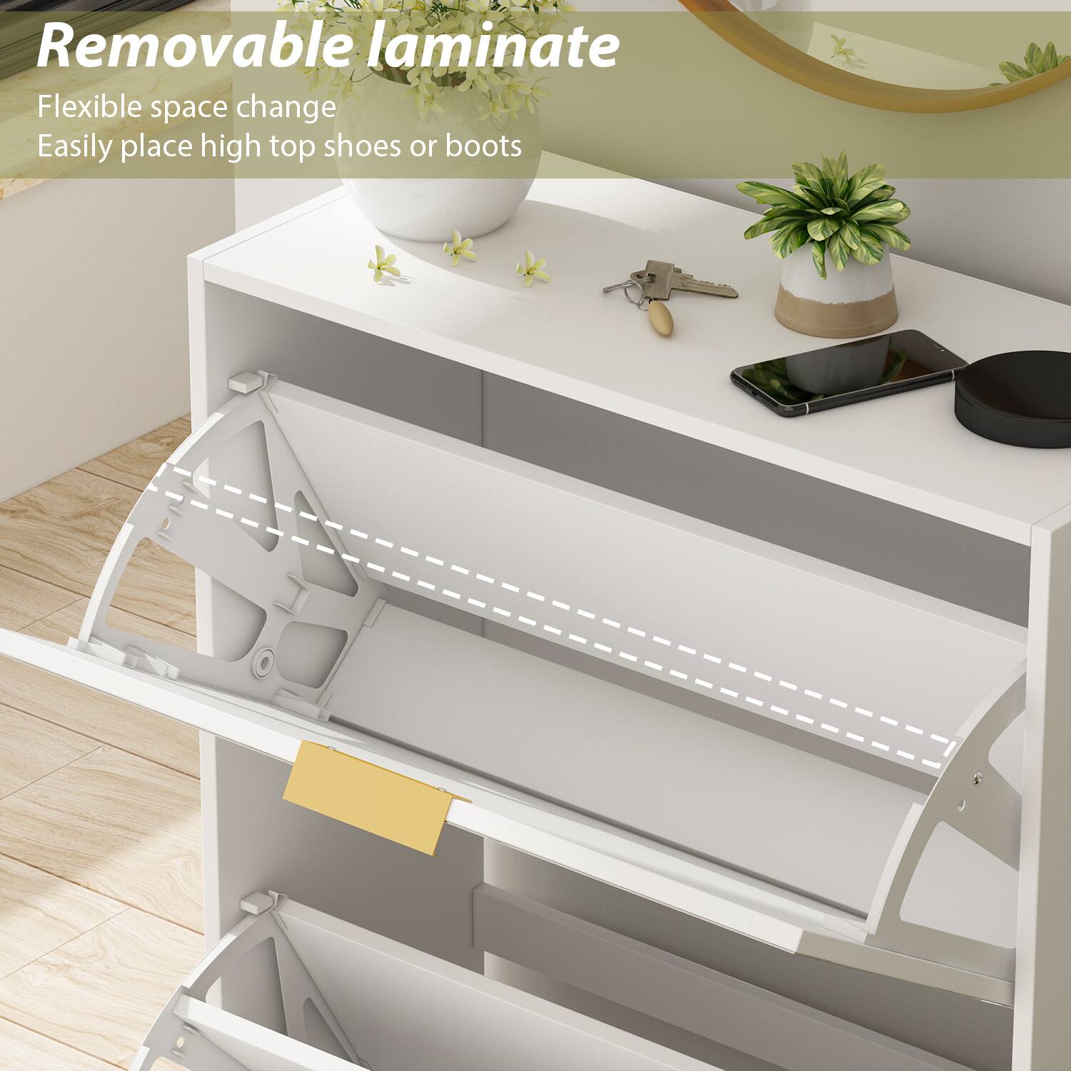 Removable laminate, Flexible space change, Easily place high top shoes or boots