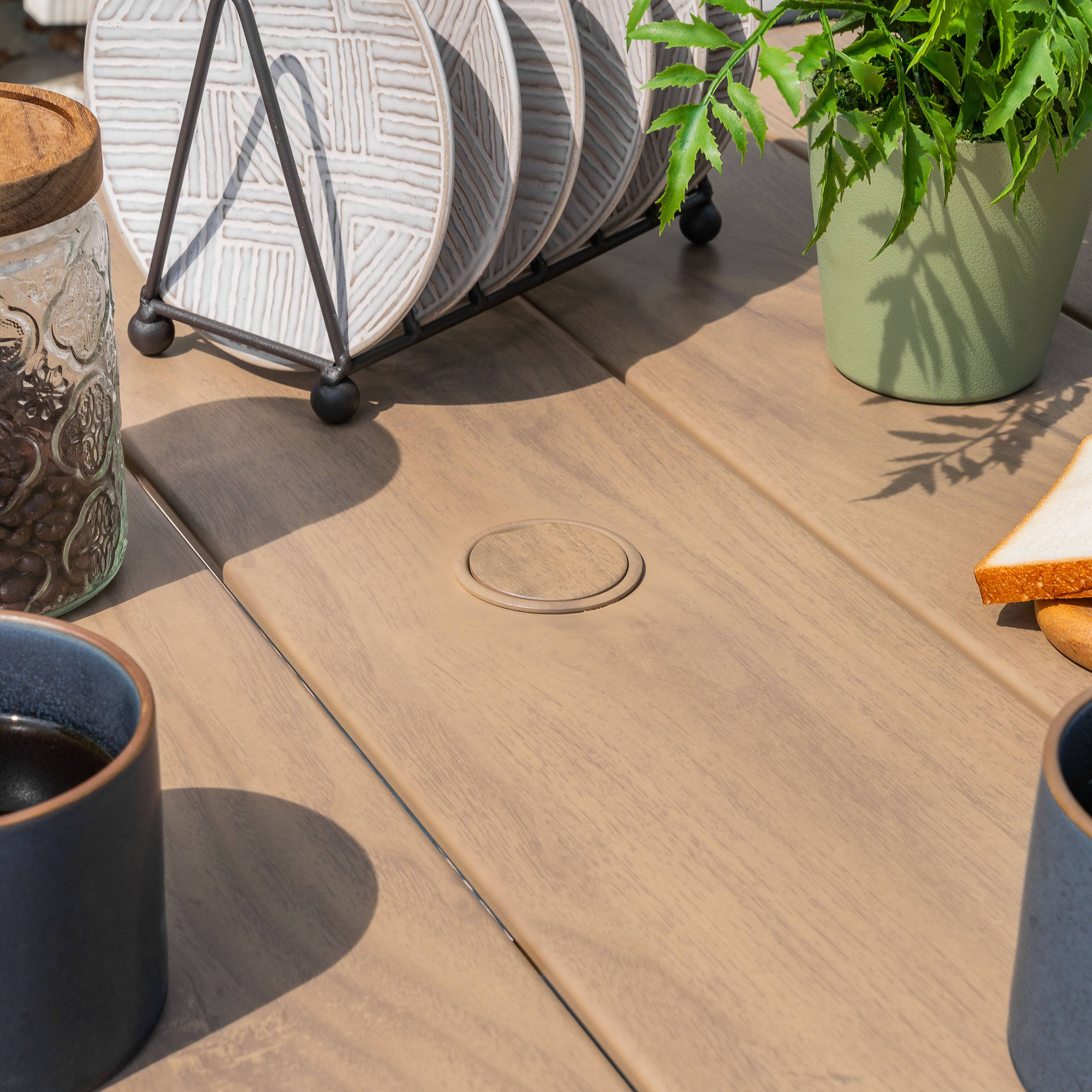 Alt View 8. Nuu Garden - Outdoor 37" Square Metal Dining Table with 1.6'' Umbrella Hole, Wood-Grain Tabletop - Black and wood-grain finish.