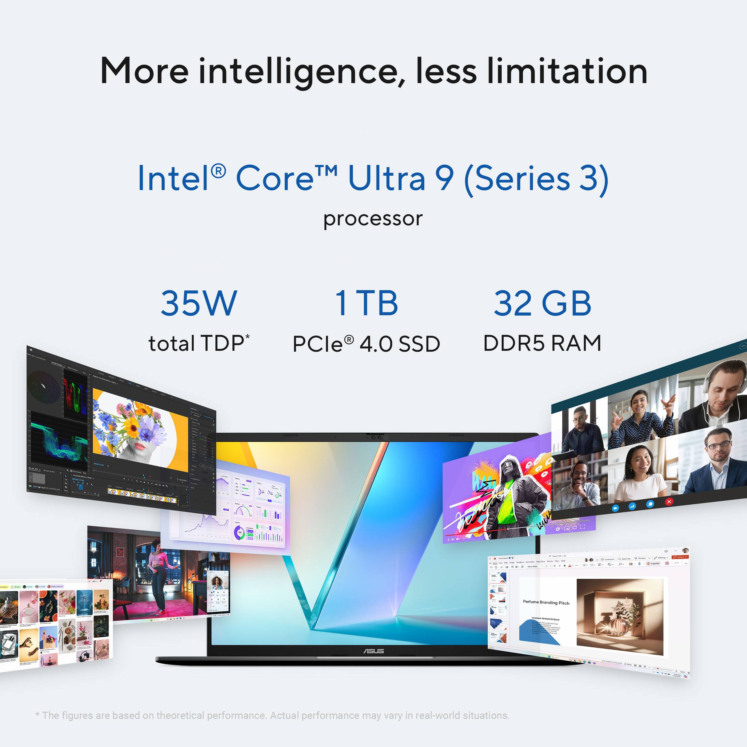 More intelligence, less limitation

Intel® Core™ Ultra 9 (Series 3) processor

35W total TDP
1 TB PCIe® 4.0 SSD
32 GB DDR5 RAM

The figures are based on theoretical performance. Actual performance may vary in real-world situations.