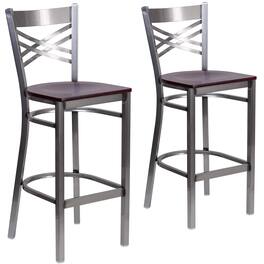 Emma + Oliver - 2 Pack Clear Coated "X" Back Metal Restaurant Barstool - Mahogany Wood Seat/Clear Coated Metal Frame