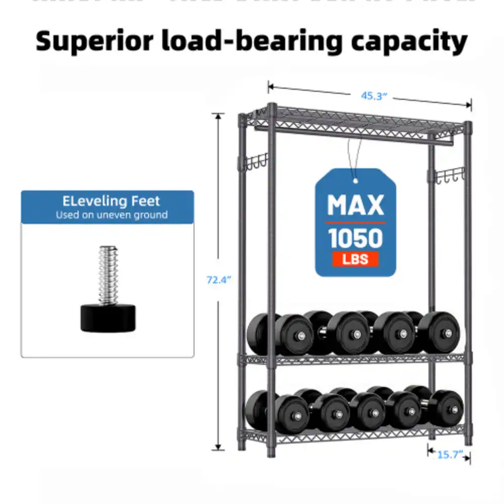 Superior load-bearing capacity  
45.3"  
ELeveling Feet Used on uneven ground  
MAX 1050 LBS  
72.4"  
15.7"
