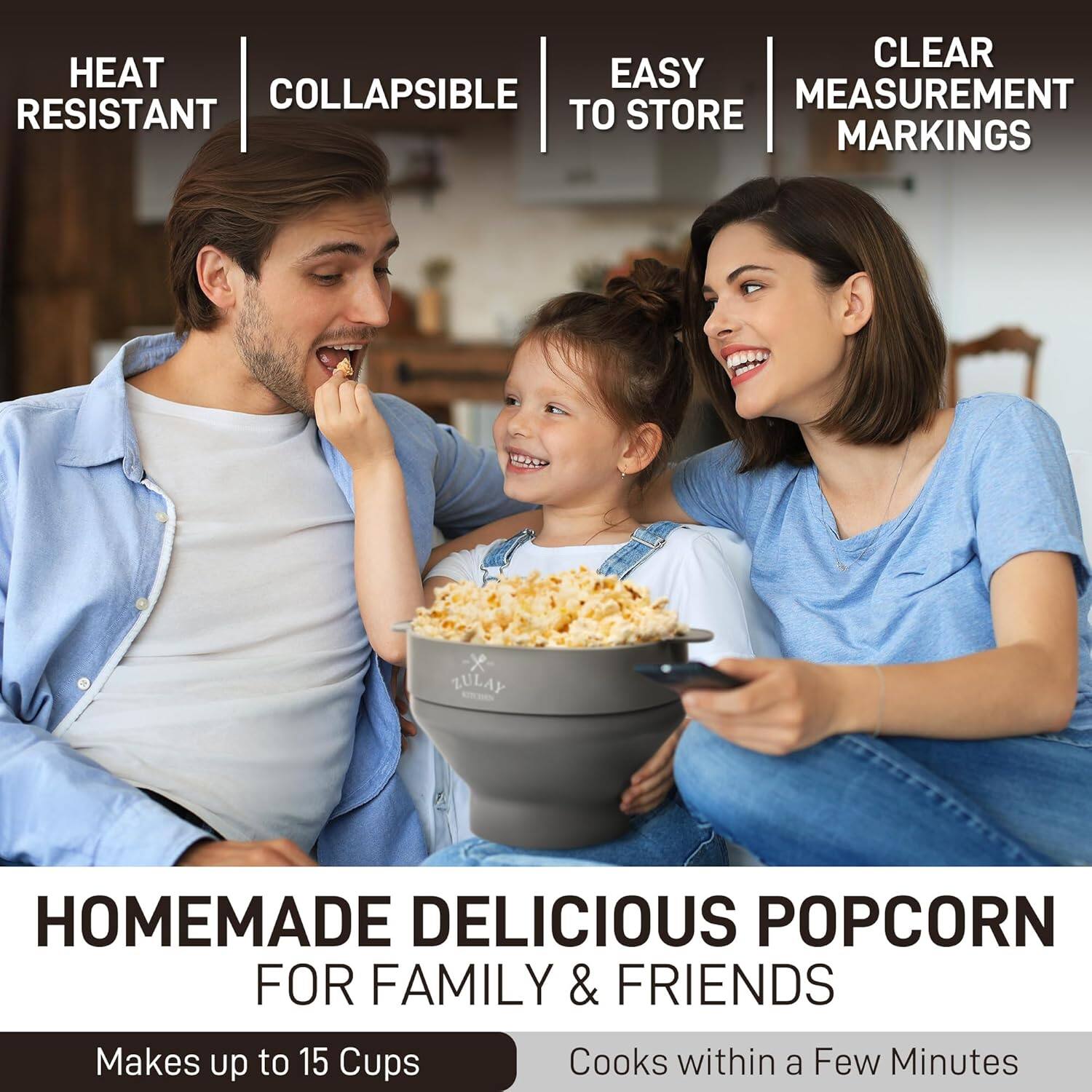 - Heat Resistant
- Collapsible
- Easy to Store
- Clear Measurement Markings

Homemade Delicious Popcorn for Family & Friends

Makes up to 15 Cups

Cooks within a Few Minutes