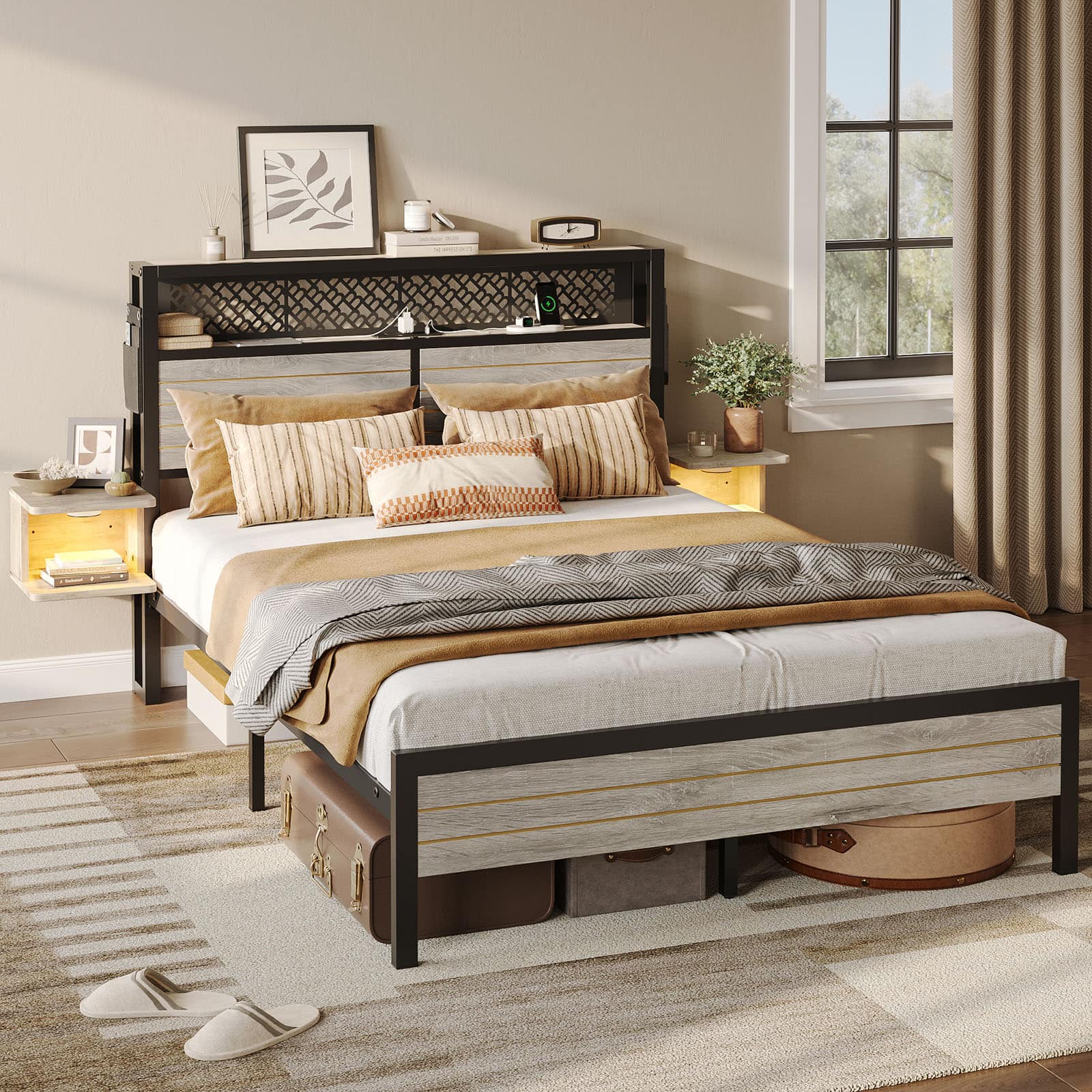Front. Bestier - Bestier Full Bed Frame Golden Stripe Headboard LED Nightstands Metal Platform with Charging Station No Box Spring - Grey.
