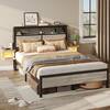 Front. Bestier - Bestier Full Bed Frame Golden Stripe Headboard LED Nightstands Metal Platform with Charging Station No Box Spring - Grey.