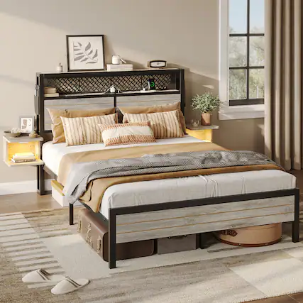 Front. Bestier - Bestier Full Bed Frame Golden Stripe Headboard LED Nightstands Metal Platform with Charging Station No Box Spring - Grey.