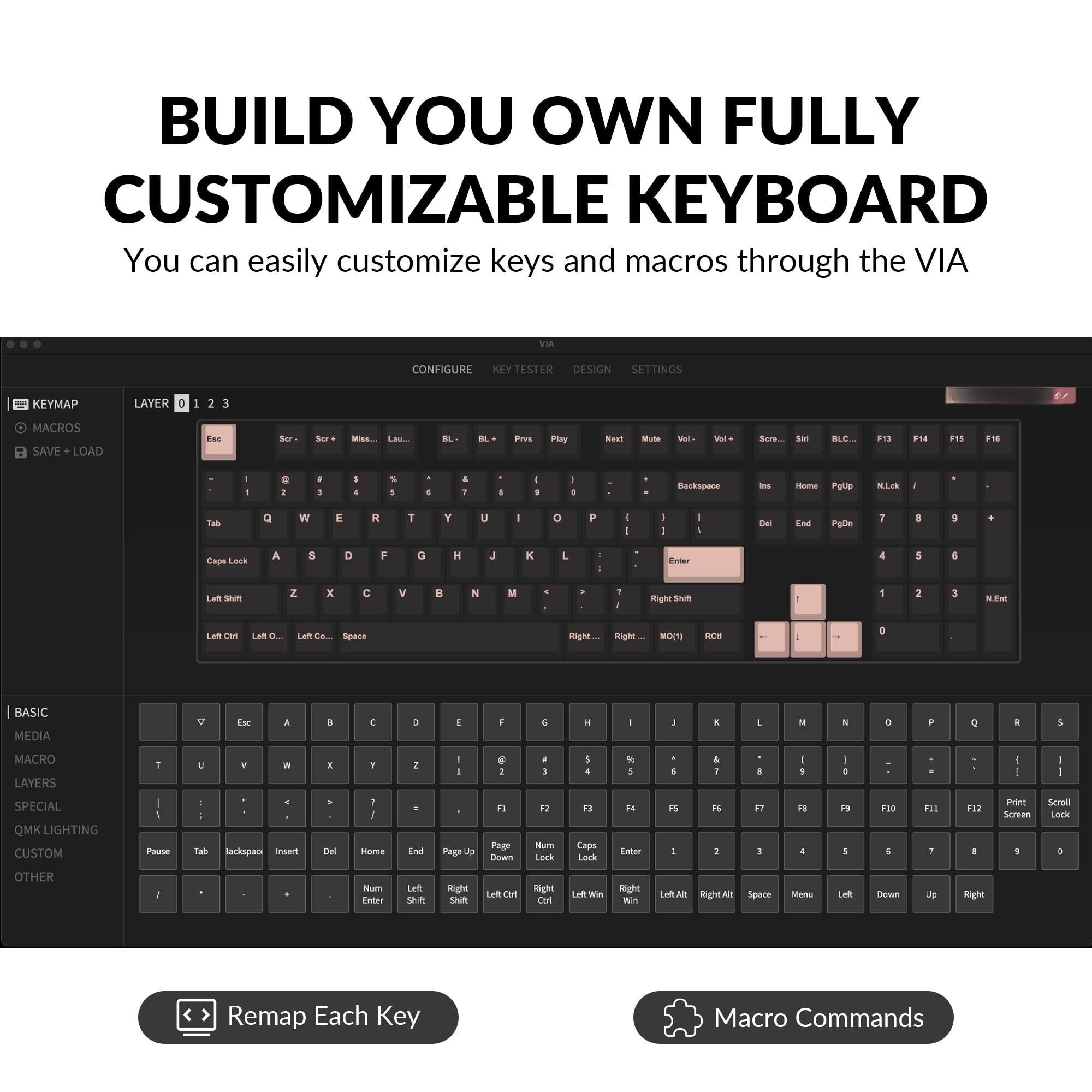 BUILD YOUR OWN FULLY CUSTOMIZABLE KEYBOARD

You can easily customize keys and macros through the VIA

KEYMAP
MACROS
SAVE + LOAD

CONFIGURE
KEYTESTER
DESIGN
SETTINGS

BASIC
MEDIA
MACRO LAYERS
SPECIAL
QMK LIGHTING
CUSTOM
OTHER

Remap Each Key
Macro Commands