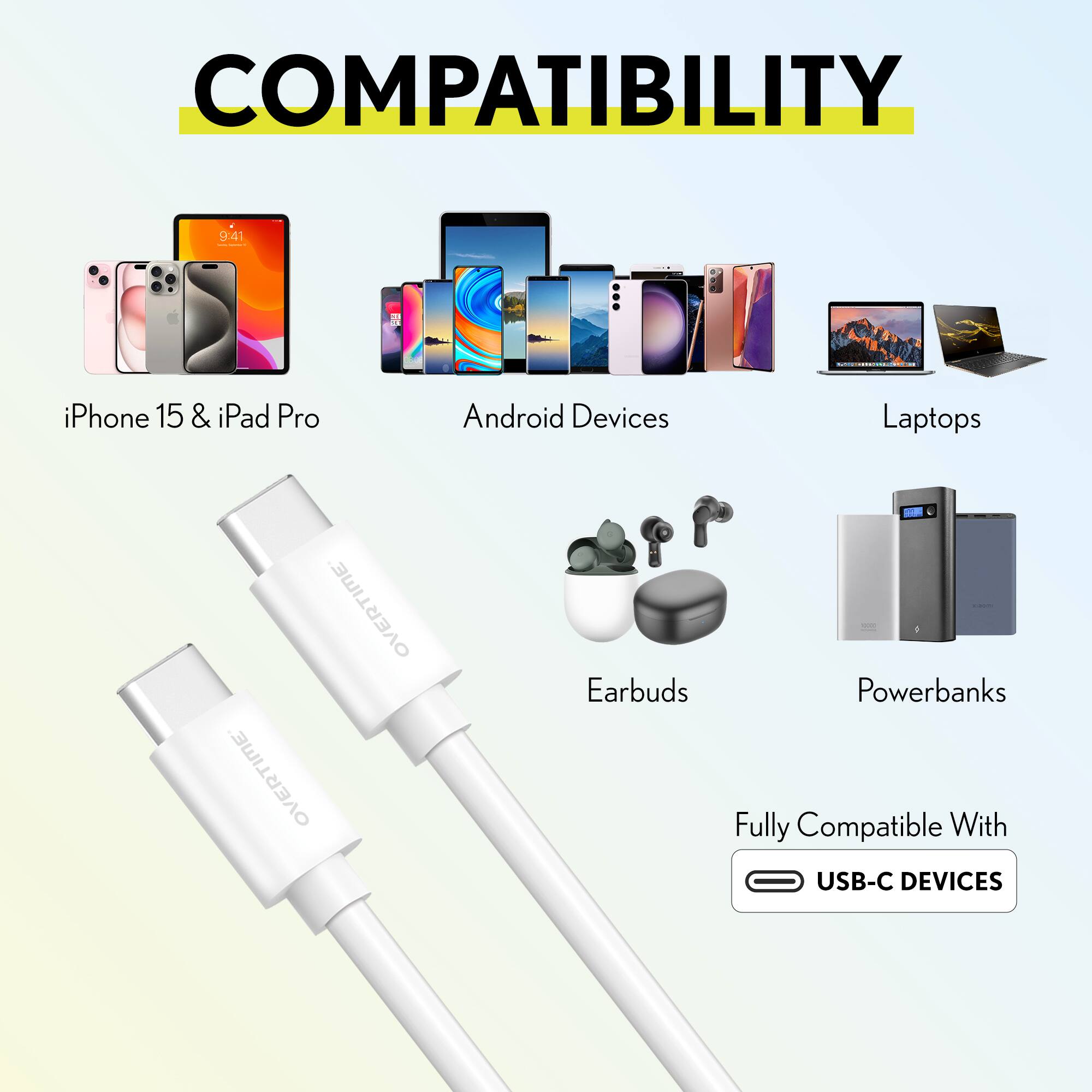 COMPATIBILITY

iPhone 15 & iPad Pro  
Android Devices  
Laptops  
Earbuds  
Powerbanks  

Fully Compatible With  
USB-C DEVICES