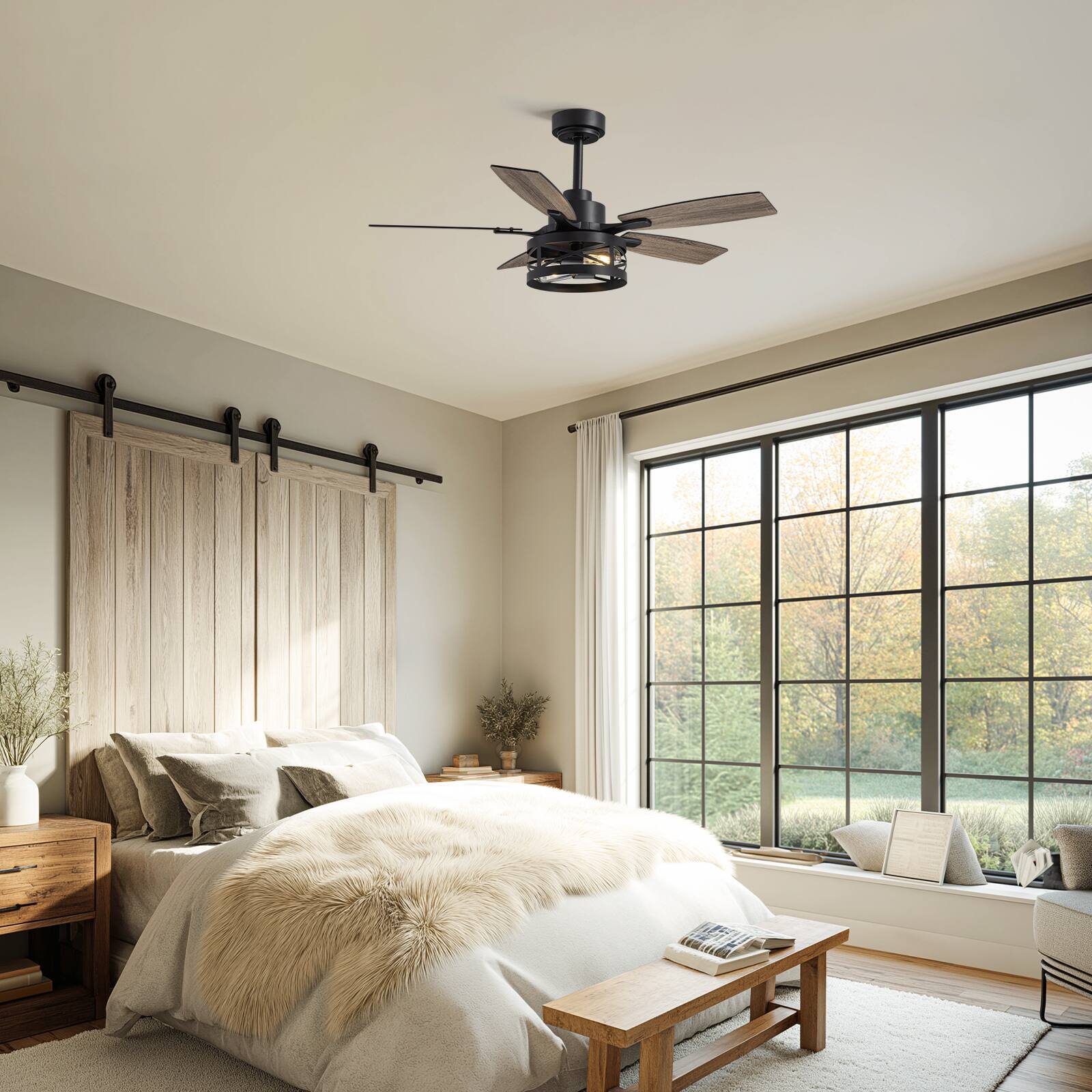 Alt View 1. Siljoy - 42-inch Farmhouse Cage Ceiling Fan with Light Slim Metal App & Remote Dimmable LED for Living Room Bedroom and Patio - Brown.