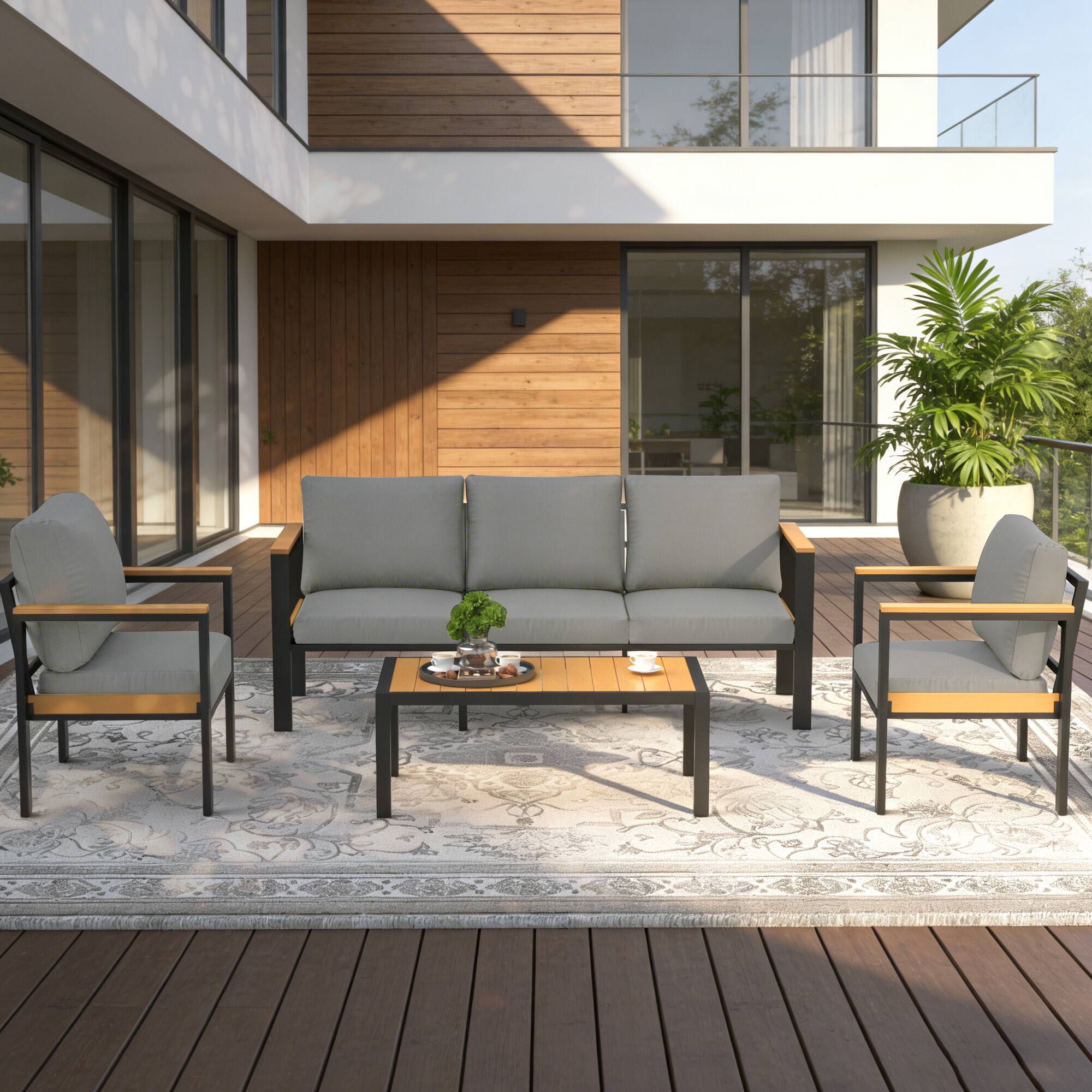 Angle. U-HOMY - 4-Piece Patio Conversation Set with Table, All-Weather Aluminum Furniture for Outdoor Living - Grey.