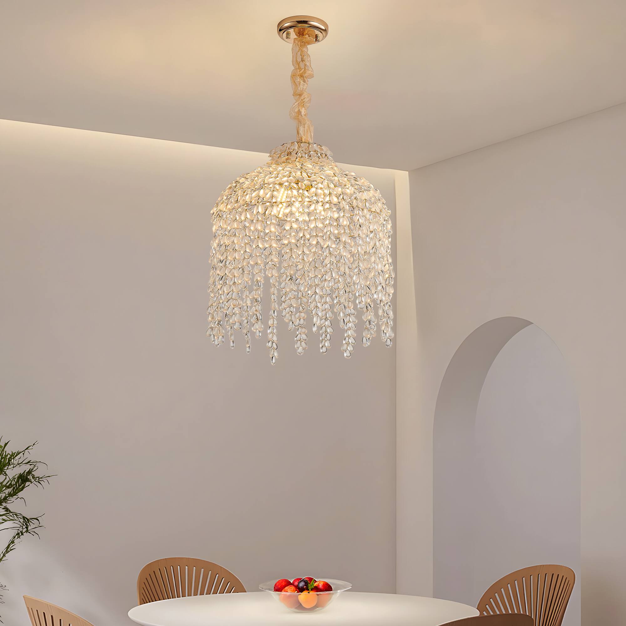 Back. Tiramisubest - 16 Inch 5-Light Crystal Chandelier,Elegant Waterfall Design with Grape-Shaped Crystal Bead Strings,Gold Finish(No Bulbs) - Gold.