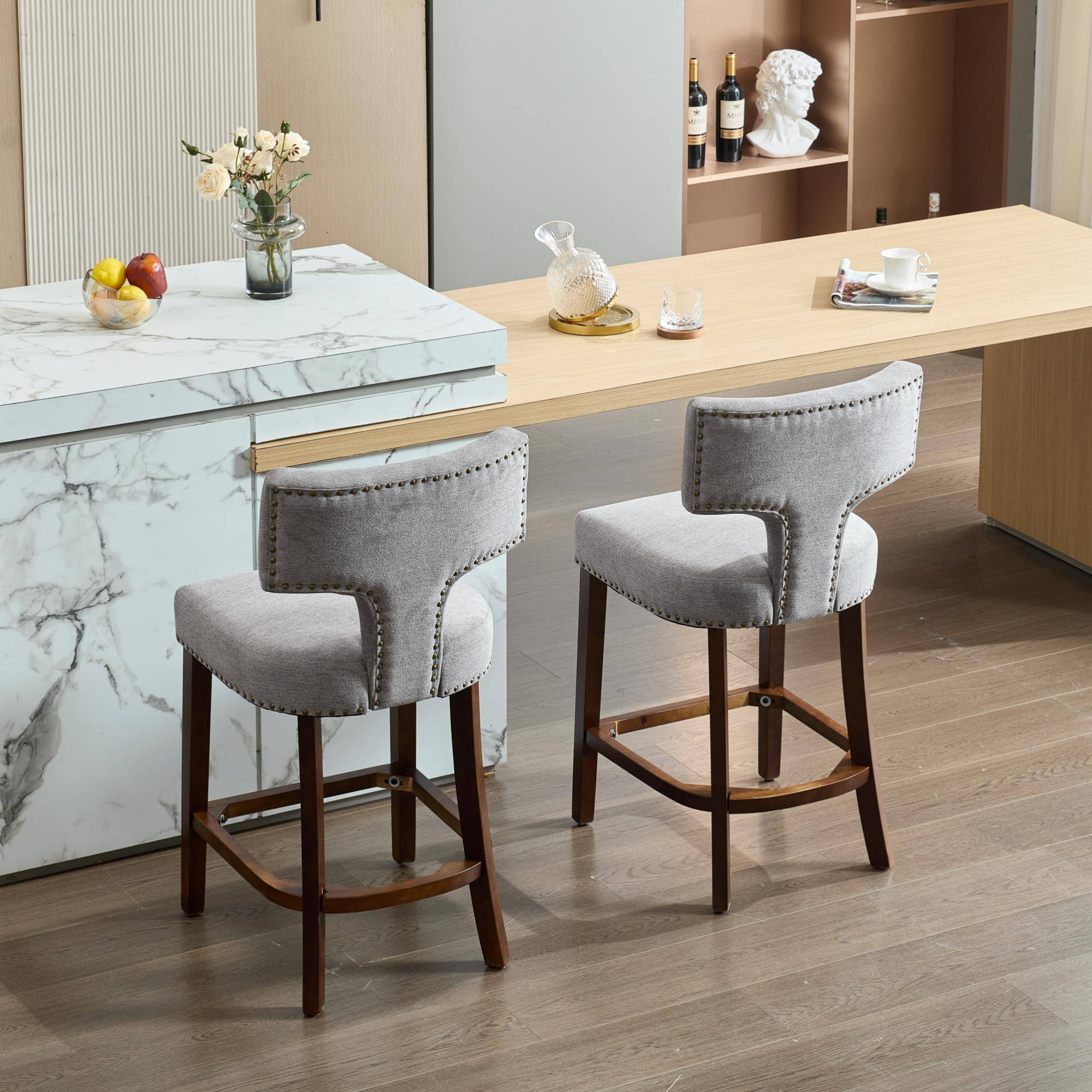 Alt View 10. GOODSILO - Modern Counter Height Bar Stools Set of 2, Farmhouse Upholstered Accent Chairs with Curved Backrest and Hardwood Frame - Gray.