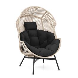 Costway - Oversized Egg Style Chair with Cushions & Headrest Heavy-Duty Metal Frame for Yard - Black