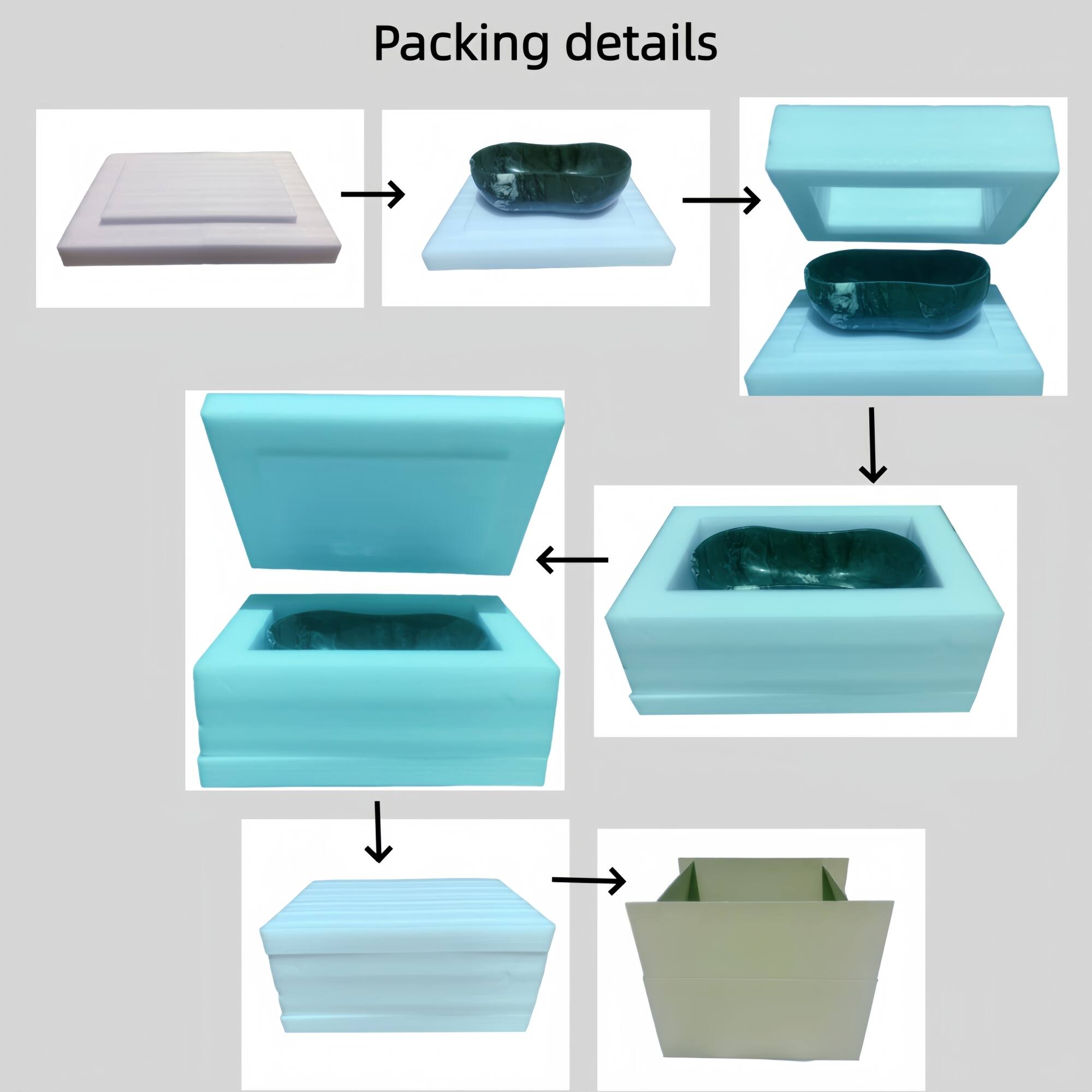 Packing details

1. Start with a flat, rectangular base.
2. Place a black, oval-shaped object on the base.
3. Cover the object with a light blue, rectangular box.
4. Place a similar light blue box on top of the first one.
5. Add a light blue, hexagonal box on top of the second box.
6. Place a light blue, rectangular box on top of the hexagonal box.
7. Add another light blue, rectangular box on top of the previous one.
8. Place a light blue, hexagonal box on top of the last rectangular box.
9. Finally, cover the entire stack with a light green, rectangular box.