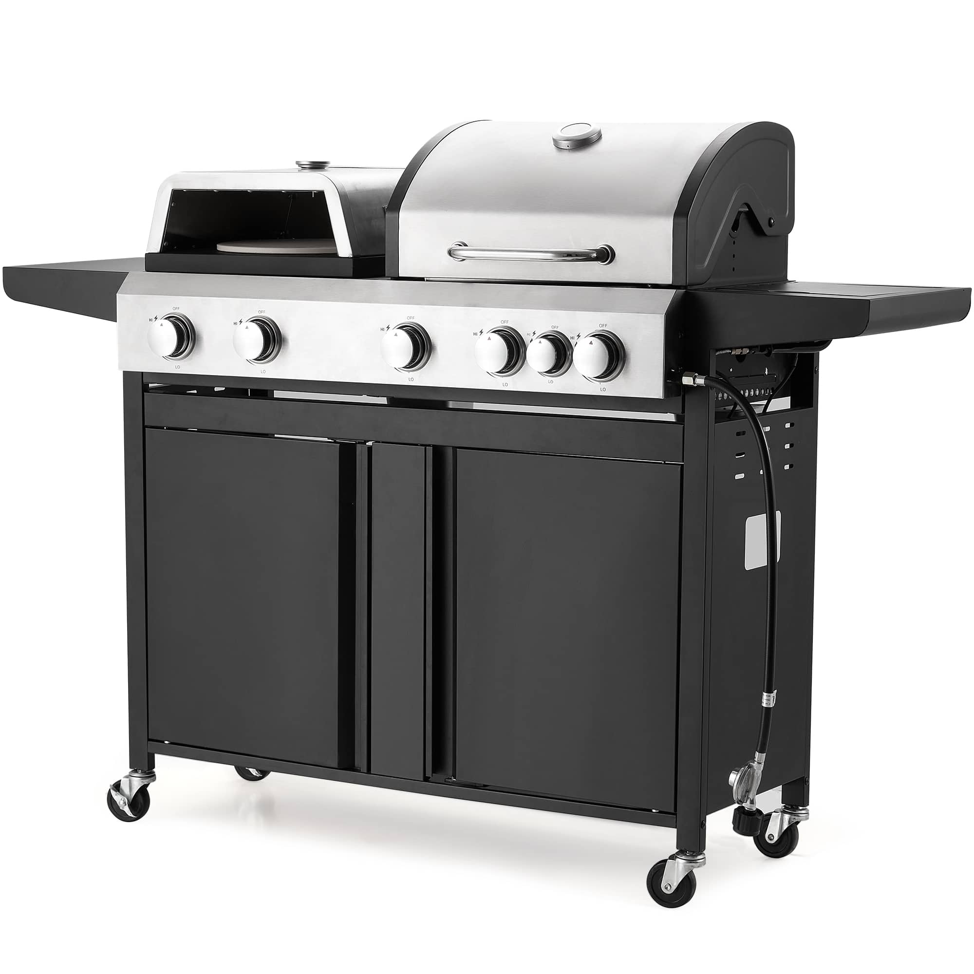 Front. U-HOMY - Propane Gas Grill with Pizza Oven and Side Burner, Removable Grates, Shelf & Cabinet for Outdoor Cooking - 5+1 Burner.
