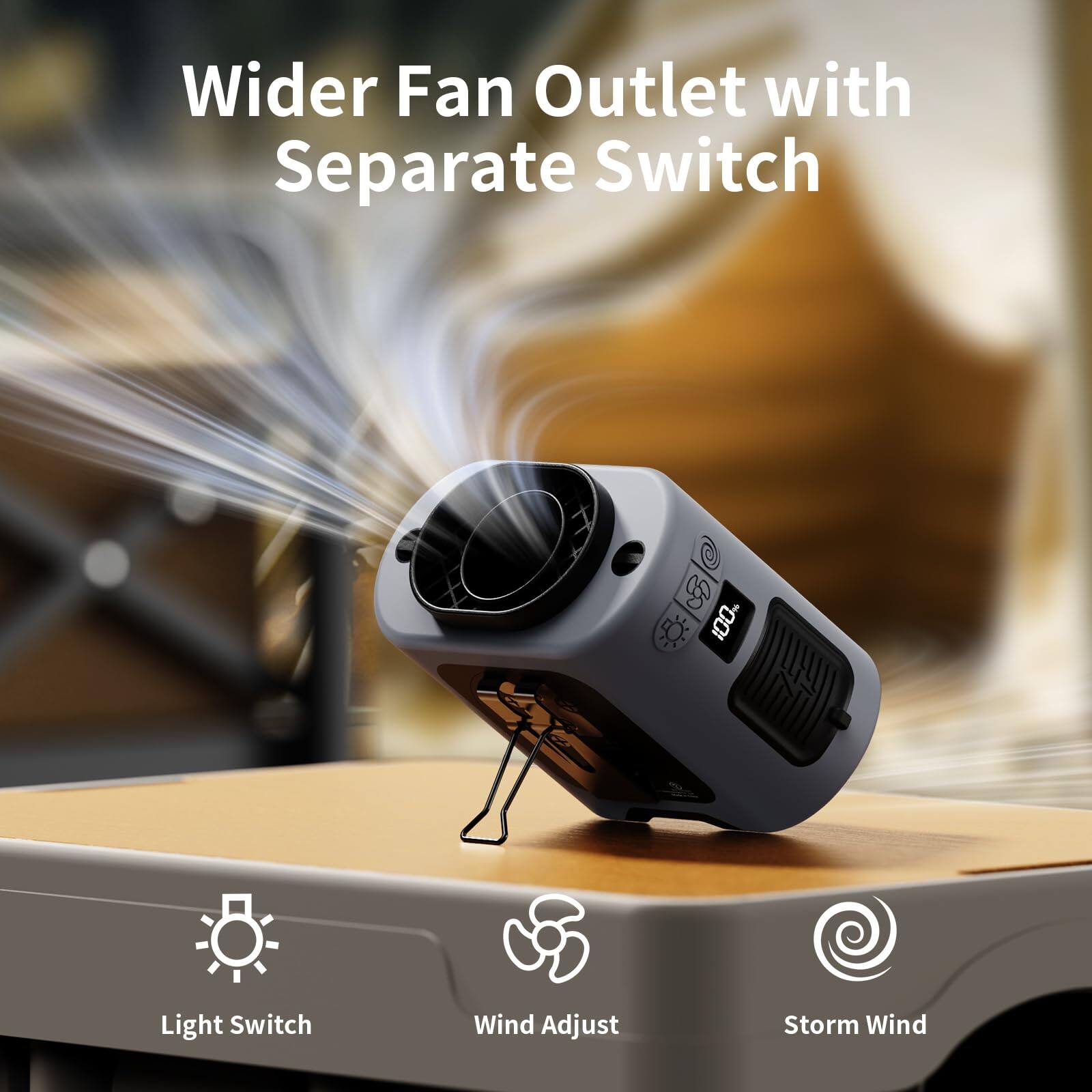 Wider Fan Outlet with Separate Switch

Light Switch
Wind Adjust
Storm Wind