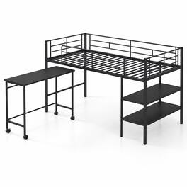 Costway - Twin Size Loft Bed with Rolling Desk & Bookshelf, Metal Slats for Bedroom Dormitory - Black