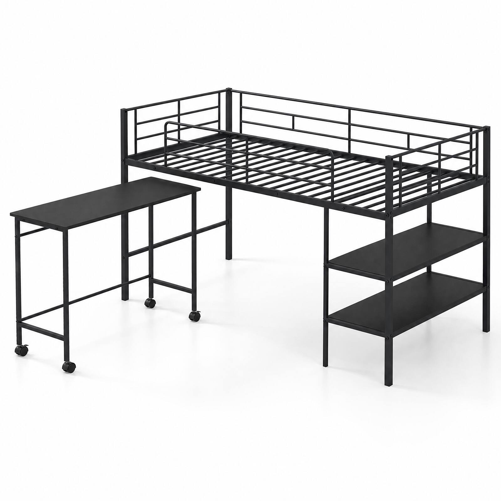 Front. Costway - Costway Twin Size Loft Bed with Rolling Desk & Bookshelf, Metal Slats for Bedroom Dormitory - Black.