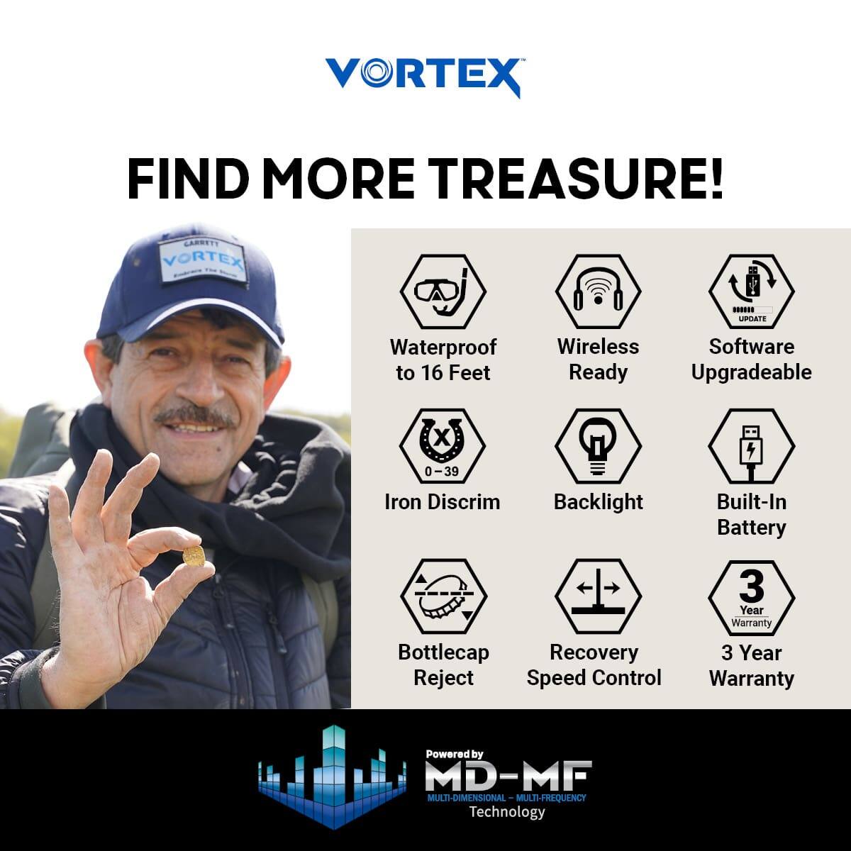 VORTEX  
FIND MORE TREASURE!  

- Waterproof to 16 Feet  
- Wireless Ready  
- Software Upgradeable  
- Iron Discrim 0-39  
- Backlight  
- Built-In Battery  
- Bottlecap Recovery Reject  
- Recovery Speed Control  
- 3 Year Warranty  

Powered by MD-MF MULTI-DIMENSIONAL MULTI-FREQUENCY Technology