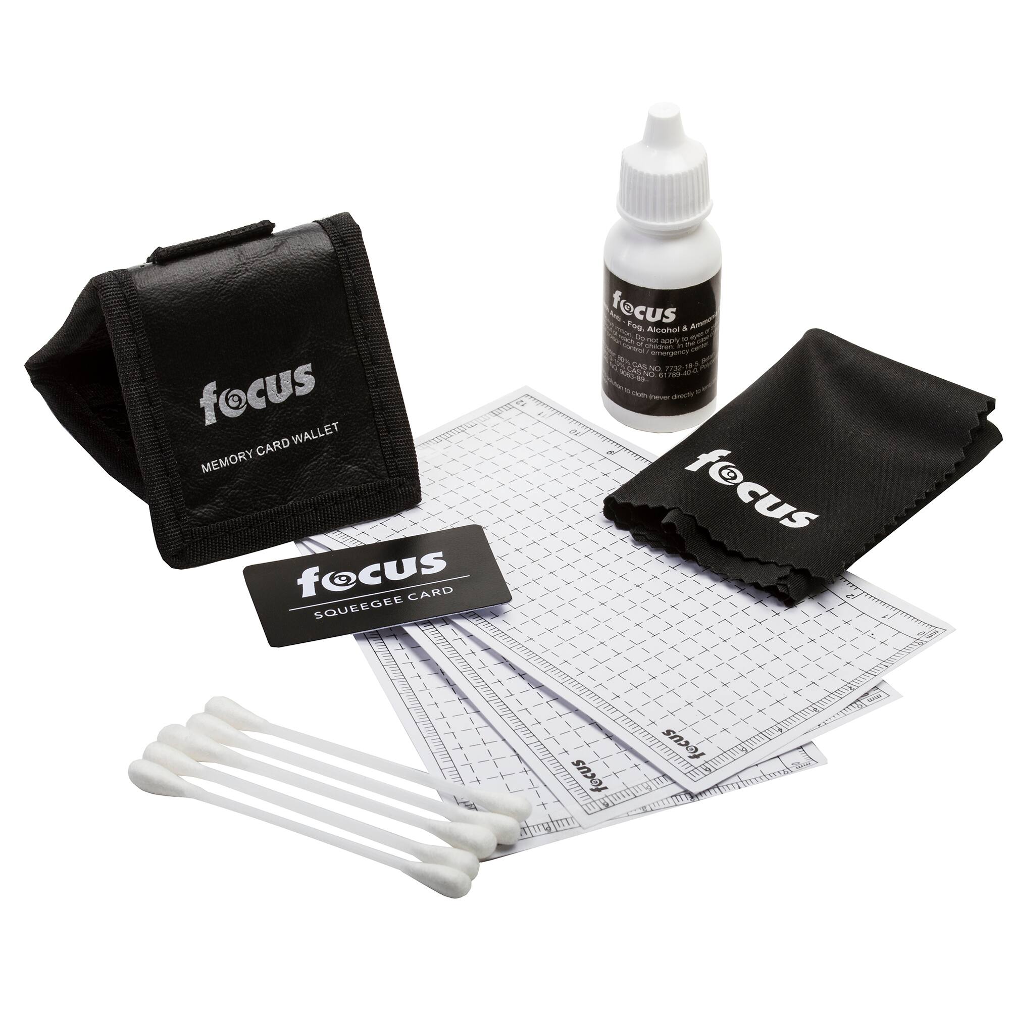 The image features a Focus Wallet Card Memory System, which includes a wallet, cards, and a squeegee. The wallet is black and has a white logo. The cards are white and come with a squeegee for cleaning. The Focus Wallet Card Memory System is designed to help people remember important information, such as passwords or credit card numbers. The system is compact and portable, making it easy to carry around in a wallet.