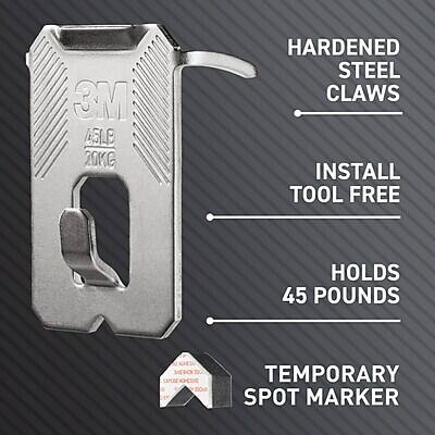 3M 45LB 20KG HARDENED STEEL CLAWS  
INSTALL TOOL FREE  
HOLDS 45 POUNDS  
TEMPORARY SPOT MARKER