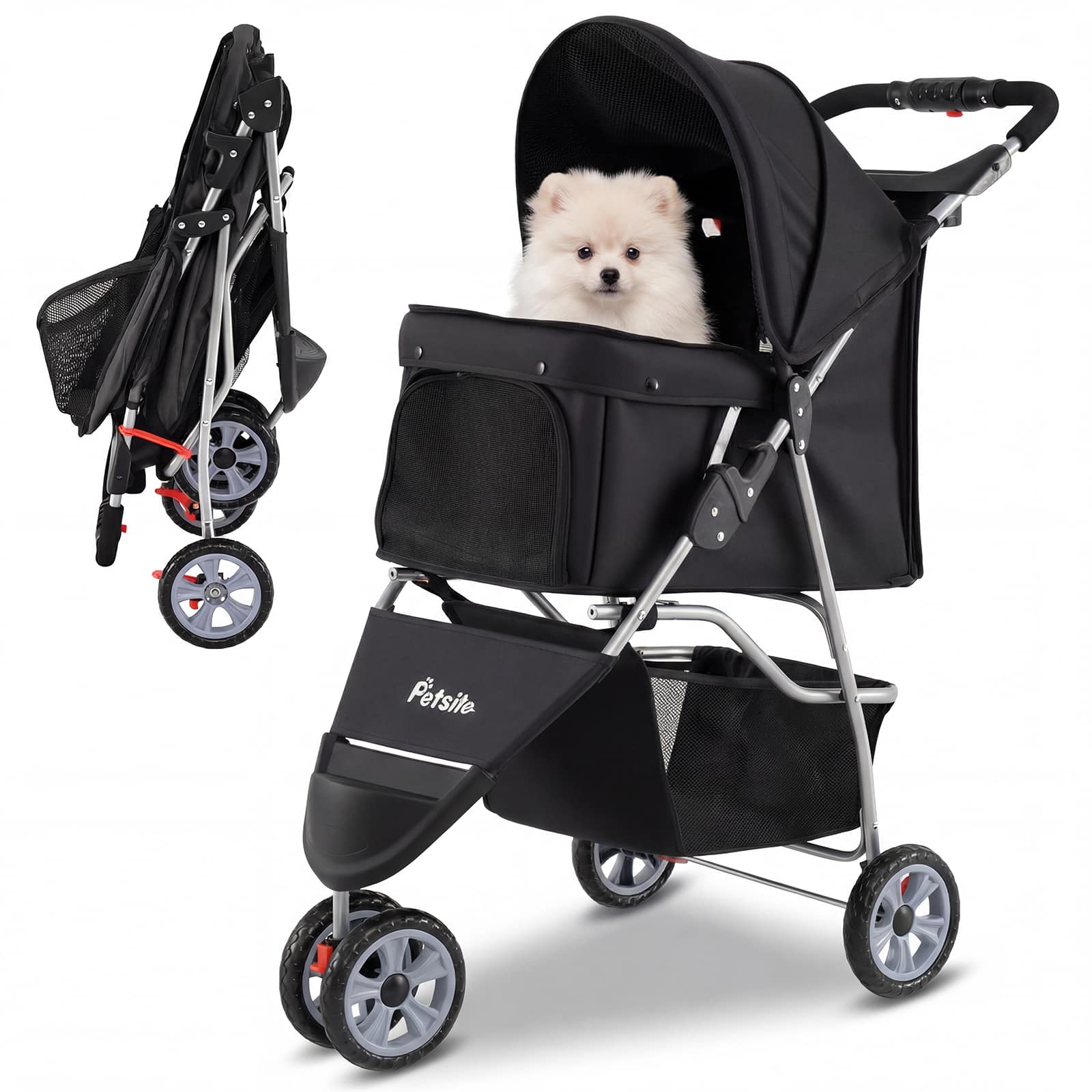 Gymax - 3-Wheel Pet Stroller for Dogs Cats up to 33 LBS Foldable w/ Breathable Mesh Black