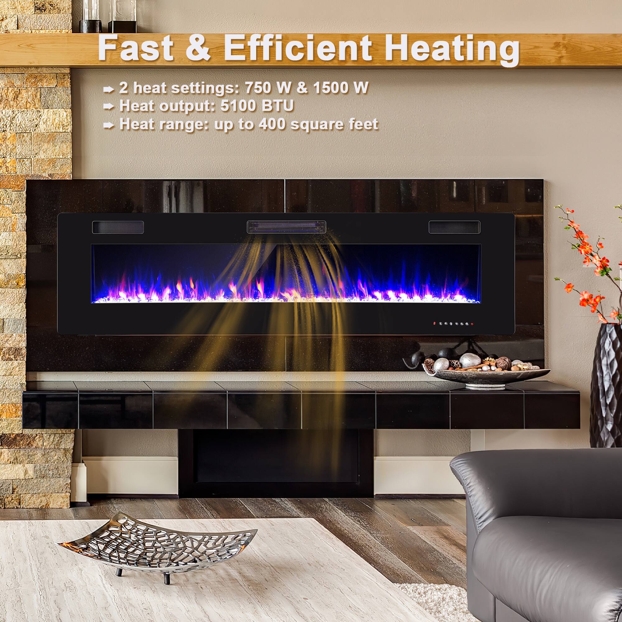 Fast & Efficient Heating  
2 heat settings: 750 W & 1500 W  
Heat output: 5100 BTU  
Heat range: up to 400 square feet