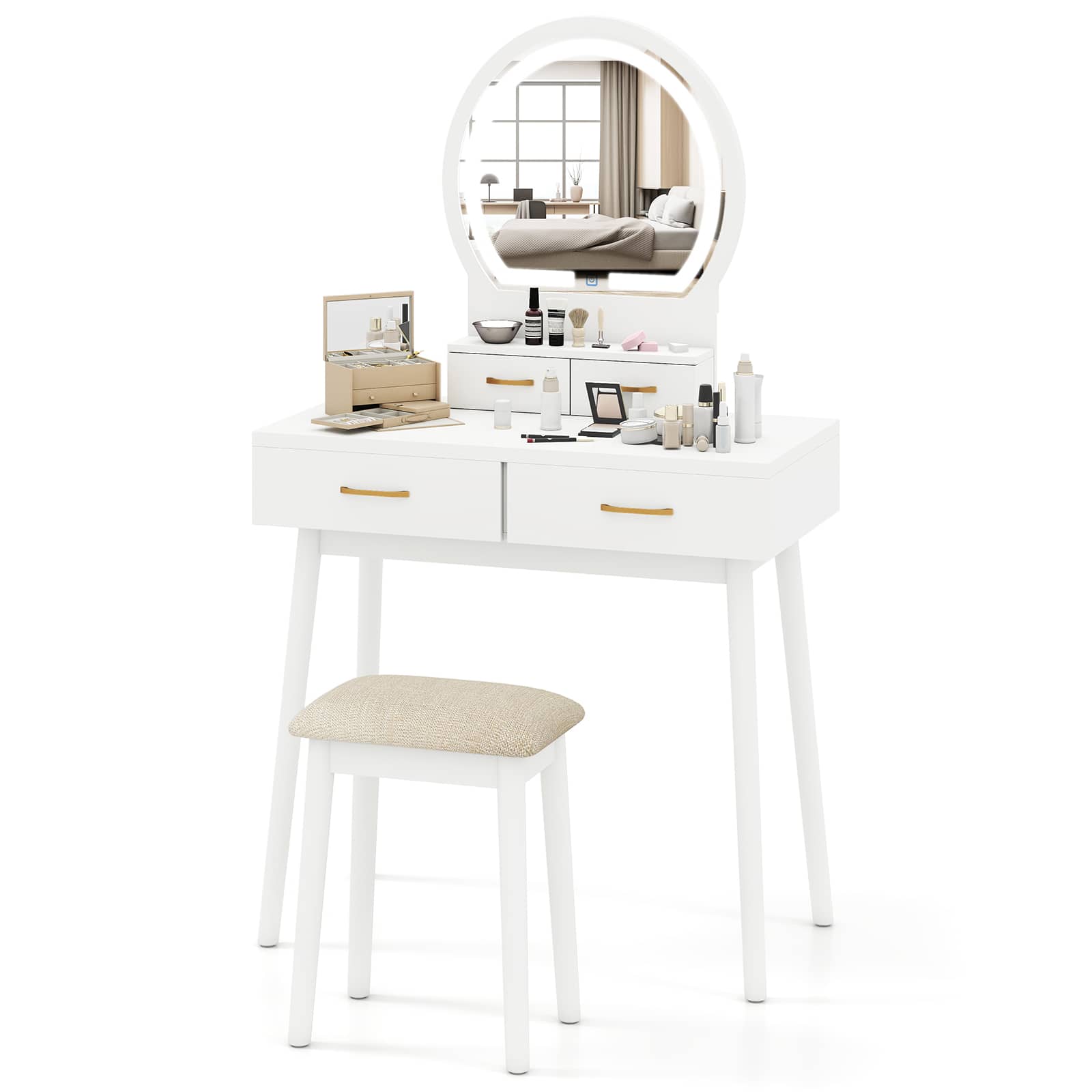 Gymax - Small Vanity Desk w/Mirror & Lights Cushioned Stool 3 Adjustable Lighting Colors - White
