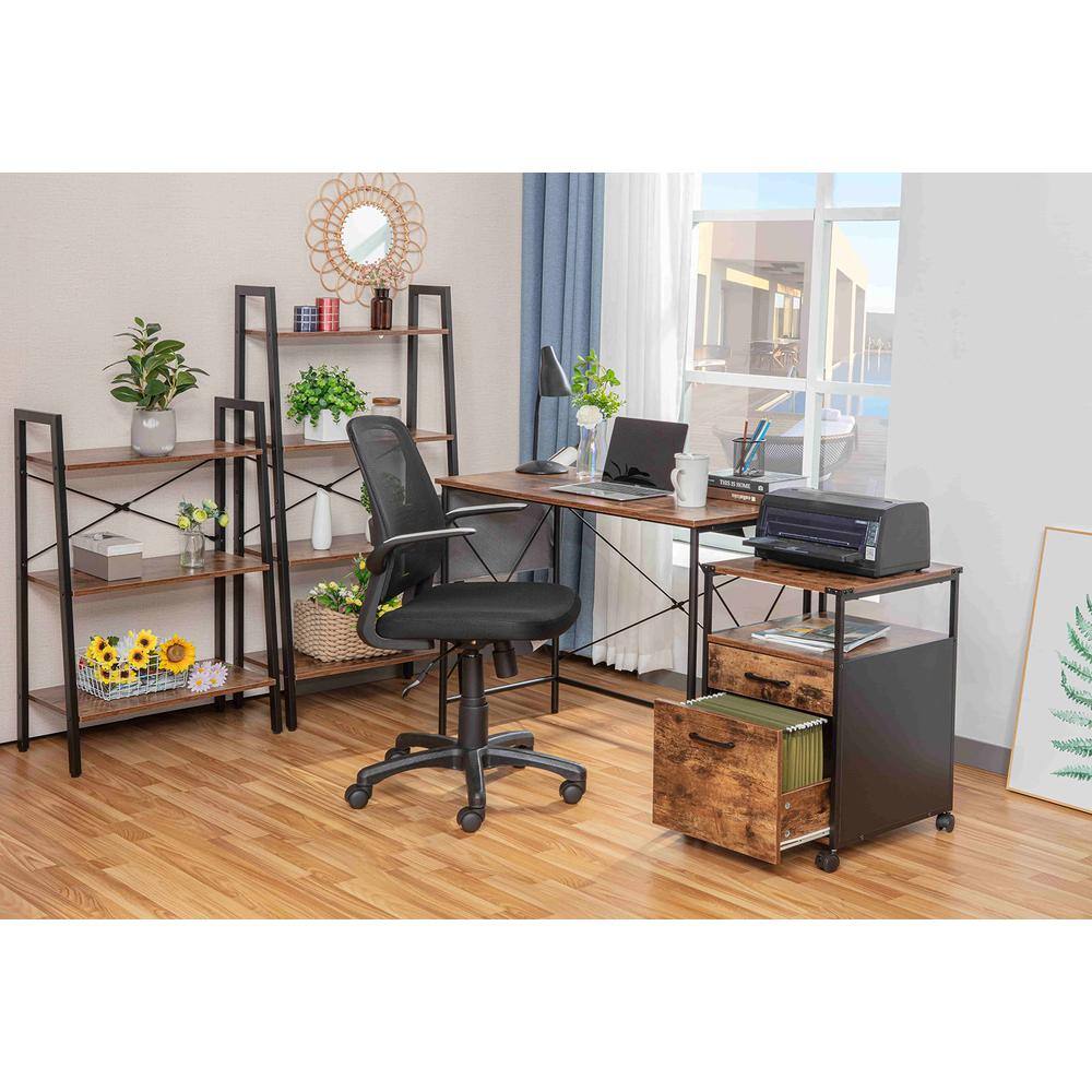 Alt View 2. JJS - Industrial 4-Tier Bookshelf - Brown.