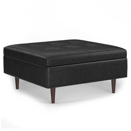Front. Simpli Home - Shay Mid Century Large Square Coffee Table Storage Ottoman - Distressed Black.