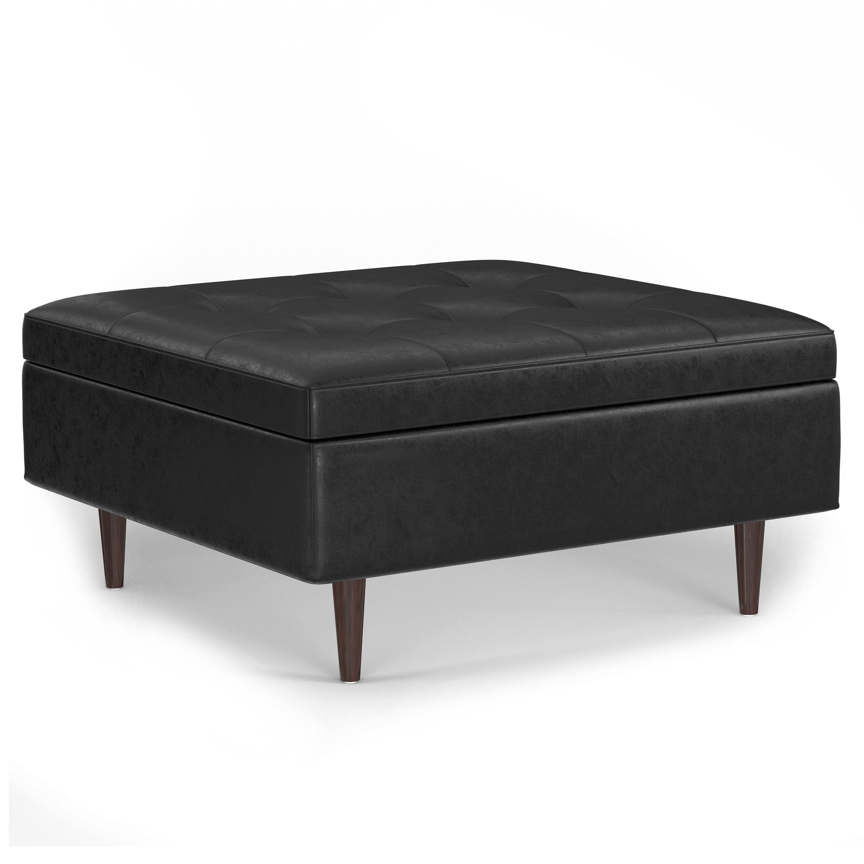 Front. Simpli Home - Shay Mid Century Large Square Coffee Table Storage Ottoman - Distressed Black.