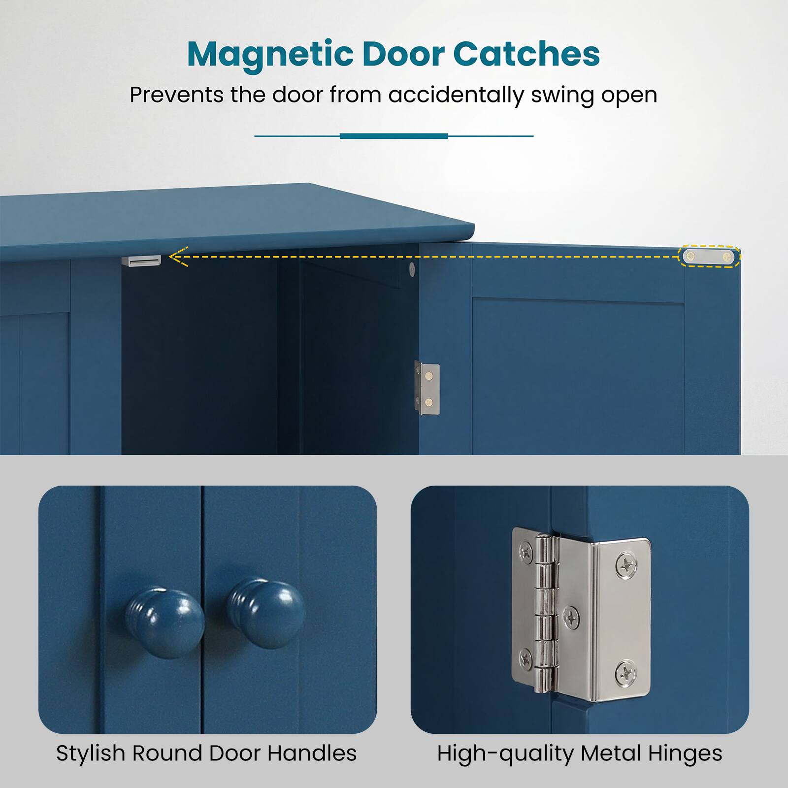 Magnetic Door Catches  
Prevents the door from accidentally swinging open  

Stylish Round Door Handles  

High-quality Metal Hinges
