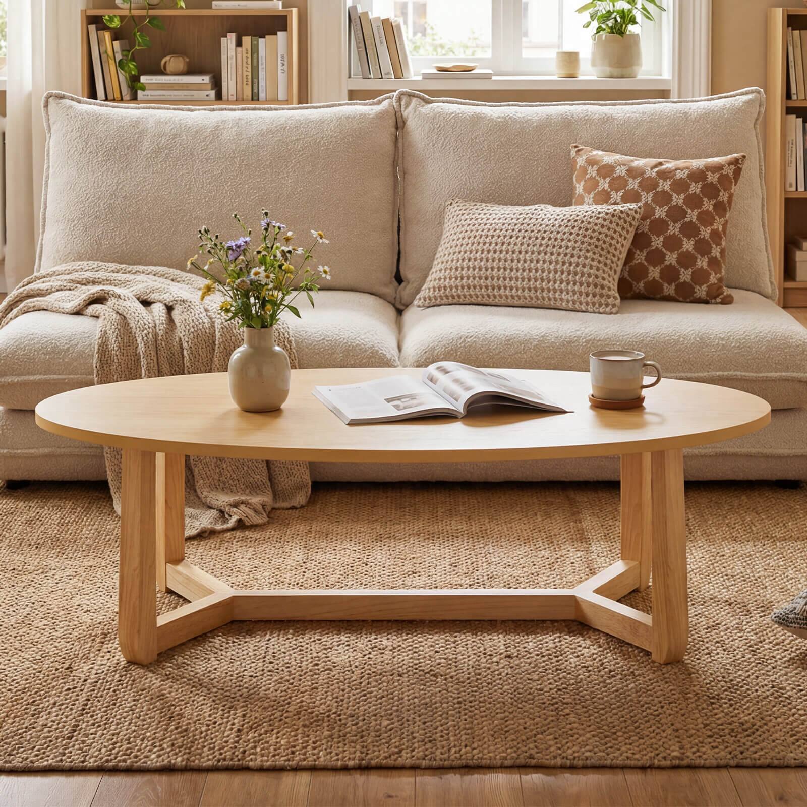Alt View 3. Costway - Costway 46" Oval Coffee Table with Thickened Top & Solid Rubber Wood Frame for Living Room - Natural.