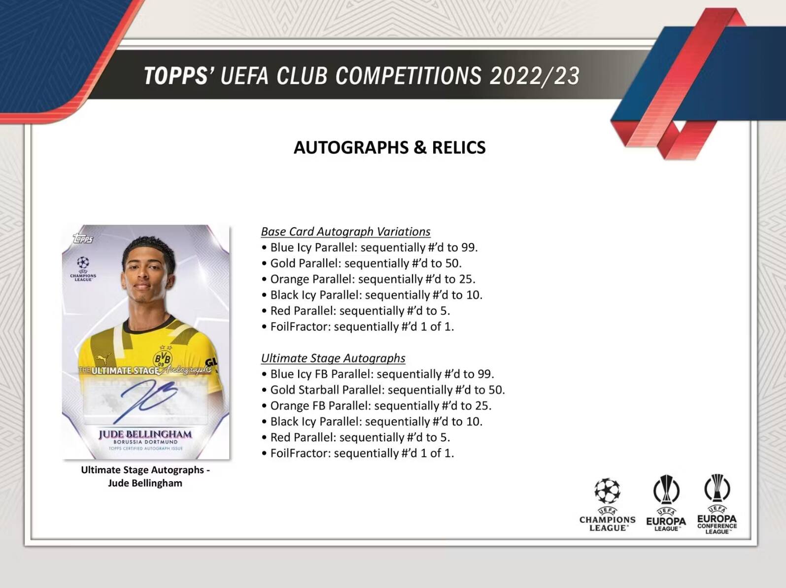 TOPPS' UEFA CLUB COMPETITIONS 2022/23 AUTOGRAPHS & RELICS

Base Card Autograph Variations
- Blue Icy Parallel: sequentially #d to 99.
- Gold Parallel: sequentially #d to 50.
- Orange Parallel: sequentially #d to 25.
- Black Icy Parallel: sequentially #d to 10.
- Red Parallel: sequentially #d to 5.
- FoilFractor: sequentially #d 1 of 1.

Ultimate Stage Autographs
- Blue Icy FB Parallel: sequentially #d to 99.
- Gold Starball Parallel: sequentially #d to 50.
- Orange FB Parallel: sequentially #d to 25.
- Black Icy Parallel: sequentially #d to 10.
- Red Parallel: sequentially #d to 5.
- FoilFractor: sequentially #d 1 of 1.

JUDE BELLINGHAM
BORUSSIA DORTMUND
Ultimate Stage Autographs - Jude Bellingham

CHAMPIONS LEAGUE
EUROPA LEAGUE
EUROPA CONFERENCE LEAGUE
