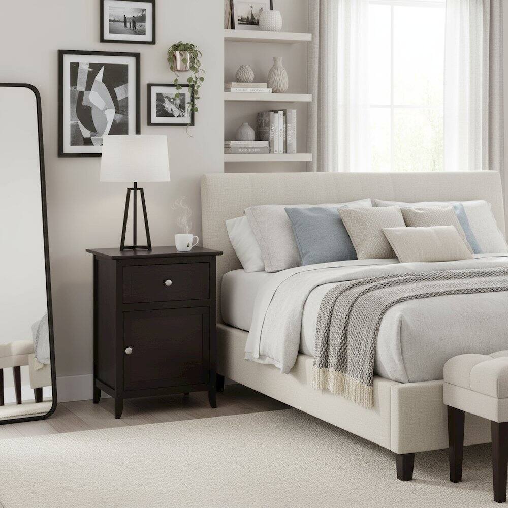 Alt View 2. FurniFact - Farmhouse End Table With Storage Espresso Finish, Wooden Side Table And Drawer - Espresso.