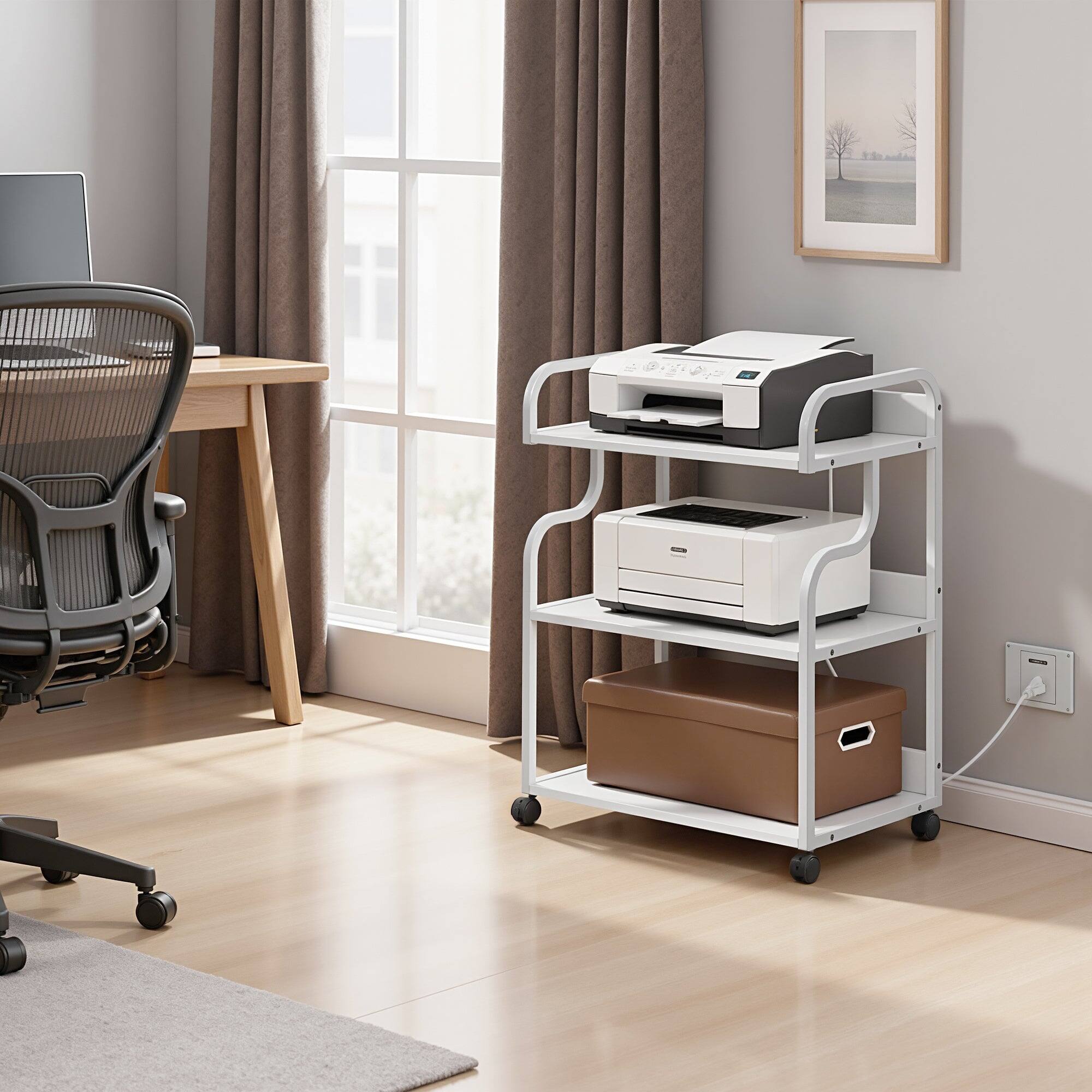 Alt View 2. Vecelo - 3 Tier White Printer Stand with Power Outlet, Rolling Metal Printer Cart with Storage Shelves - White.