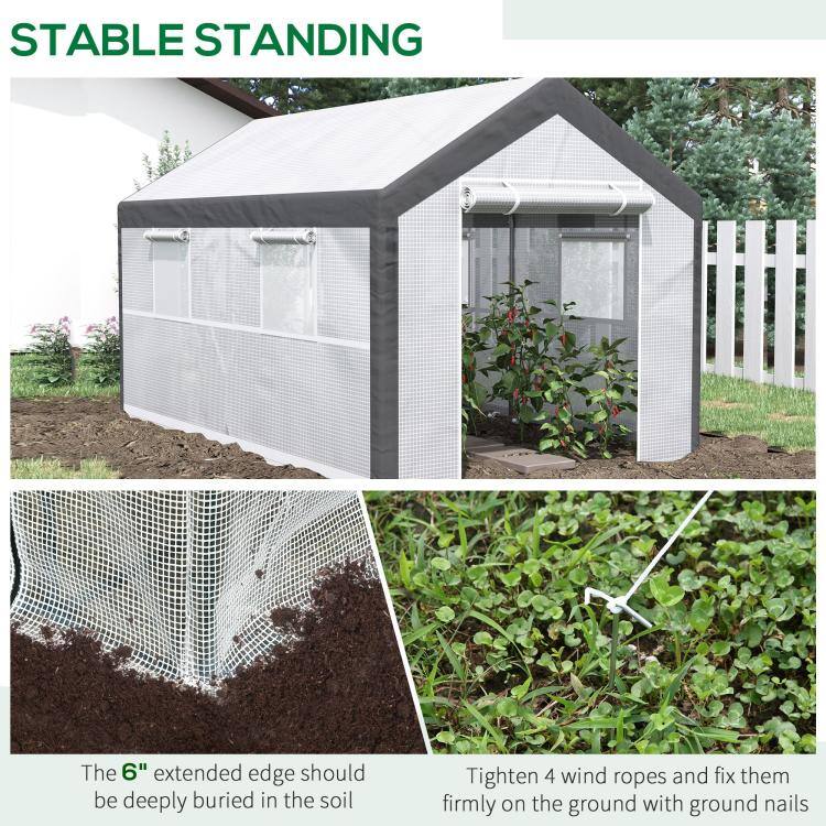 STABLE STANDING

The 6" extended edge should be deeply buried in the soil

Tighten 4 wind ropes and fix them firmly on the ground with ground nails
