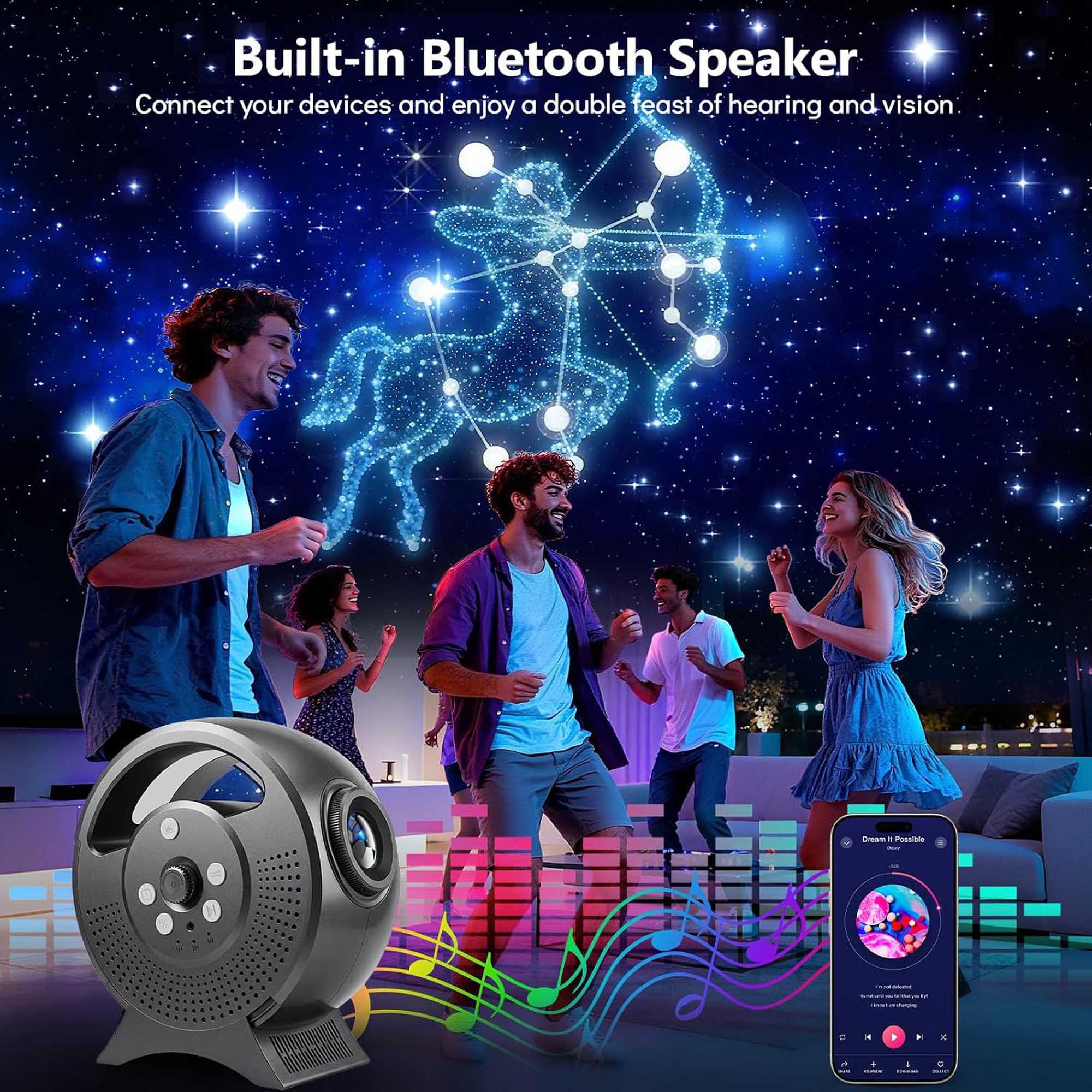 Built-in Bluetooth Speaker  
Connect your devices and enjoy a double feast of hearing and vision.  

Dream it Possible  
Soc  
CACTICAN - choleshed  
SCOMO packs  

X  
K  
X  
9 mark  
4 1