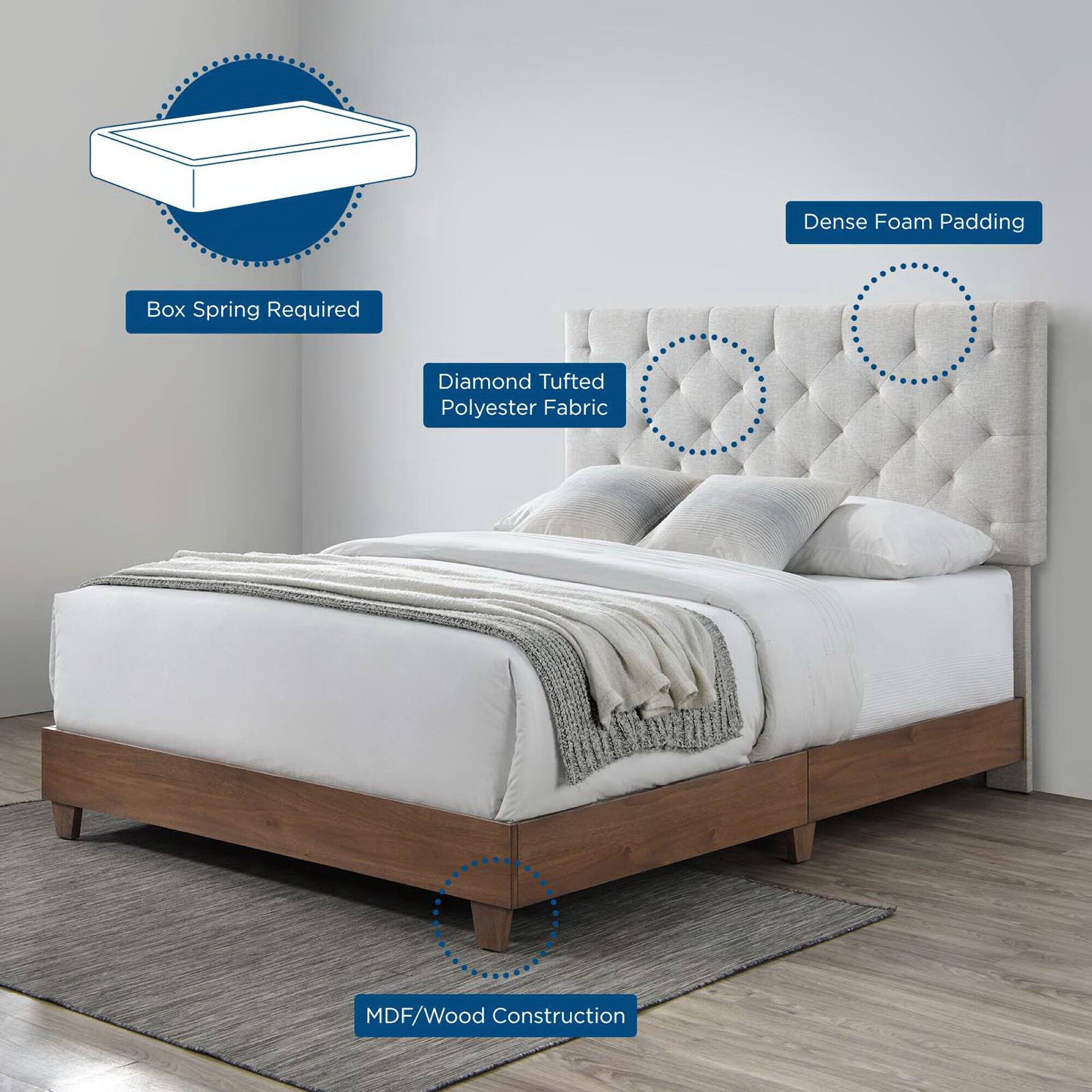 - Box Spring Required
- Dense Foam Padding
- Diamond Tufted Polyester Fabric
- MDF/Wood Construction