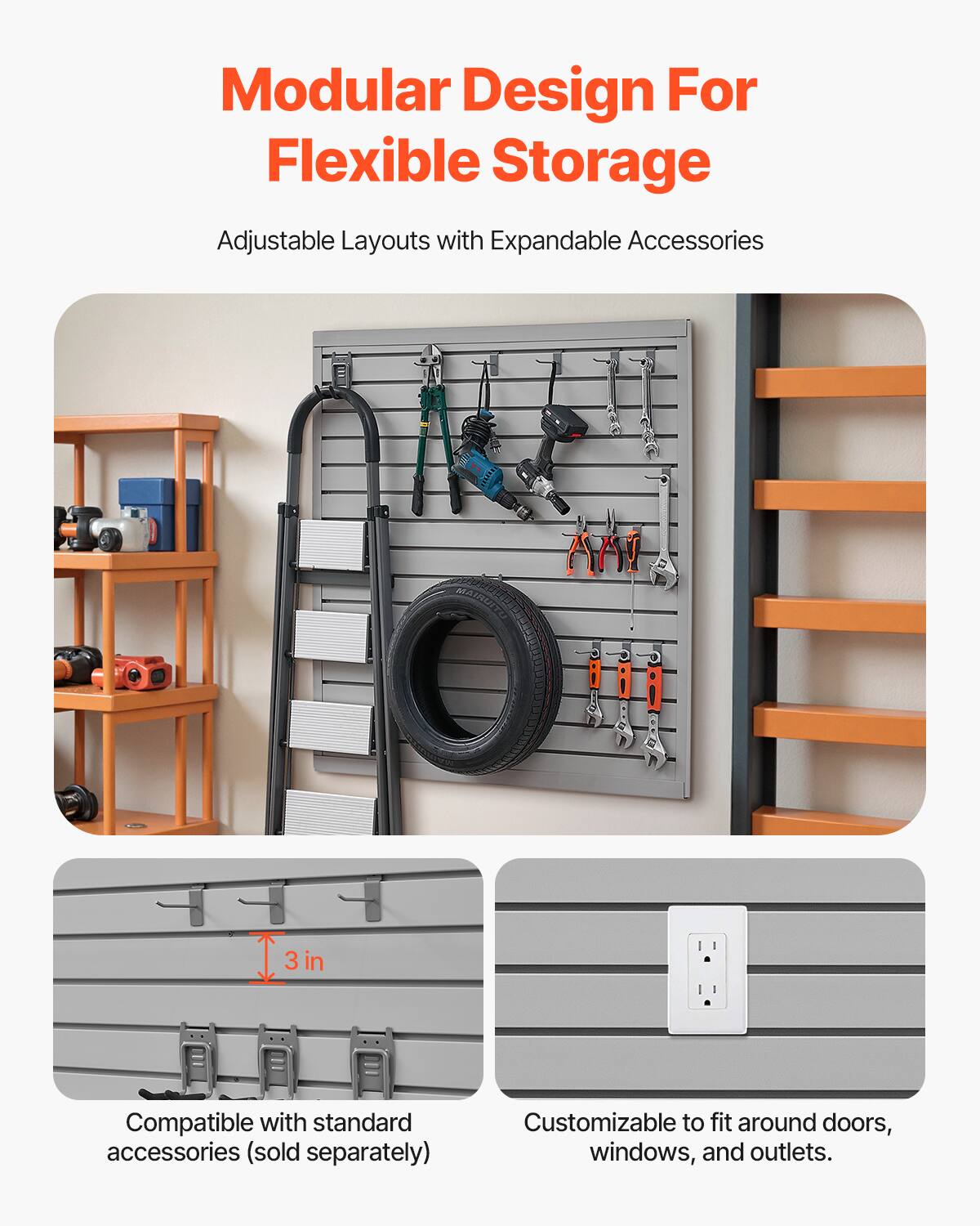 Modular Design For Flexible Storage

Adjustable Layouts with Expandable Accessories

Compatible with standard accessories (sold separately)

Customizable to fit around doors, windows, and outlets.